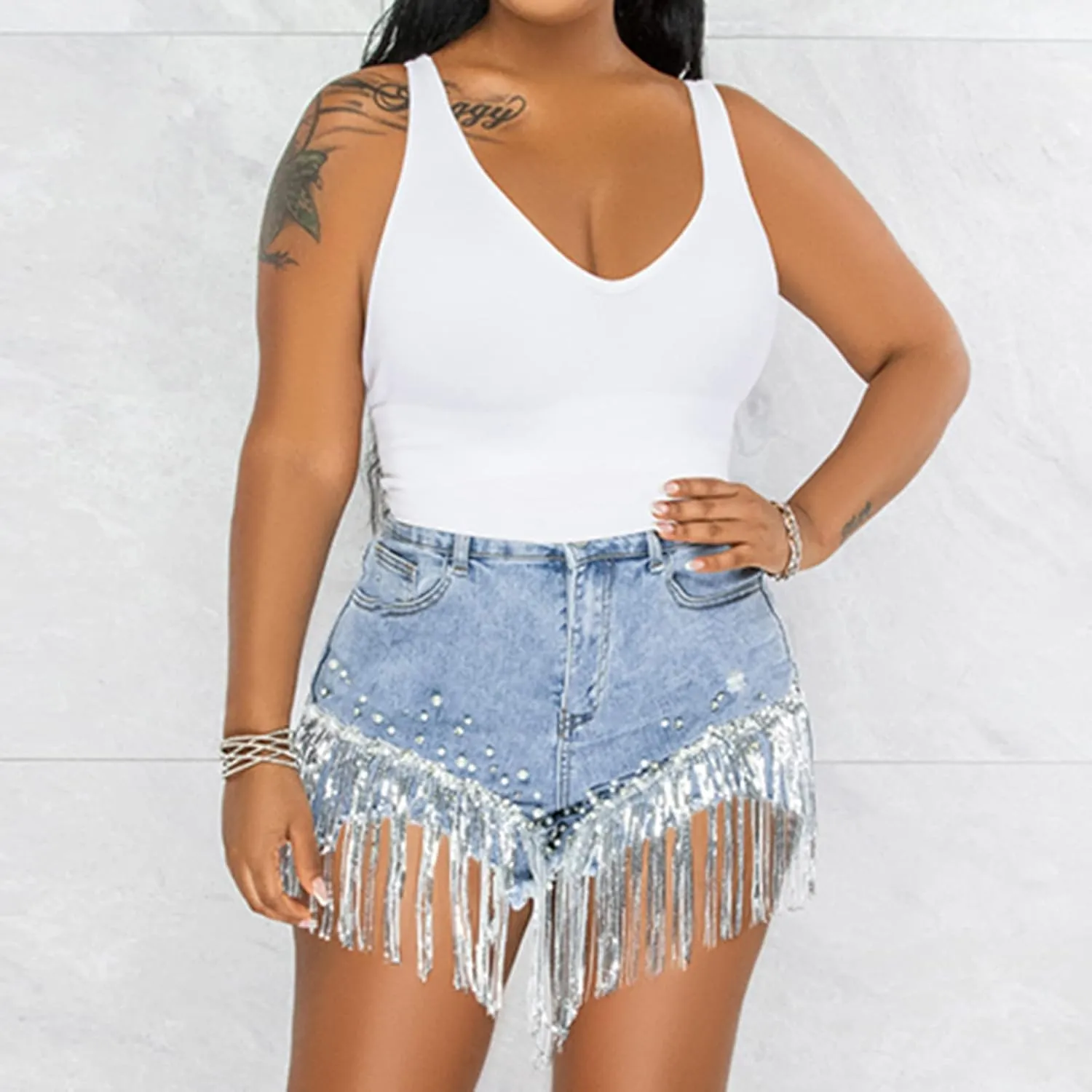 CYLADY Women High Waisted Denim Shorts Ripped Jeans Frayed Raw Hem Tassels Jean Shorts