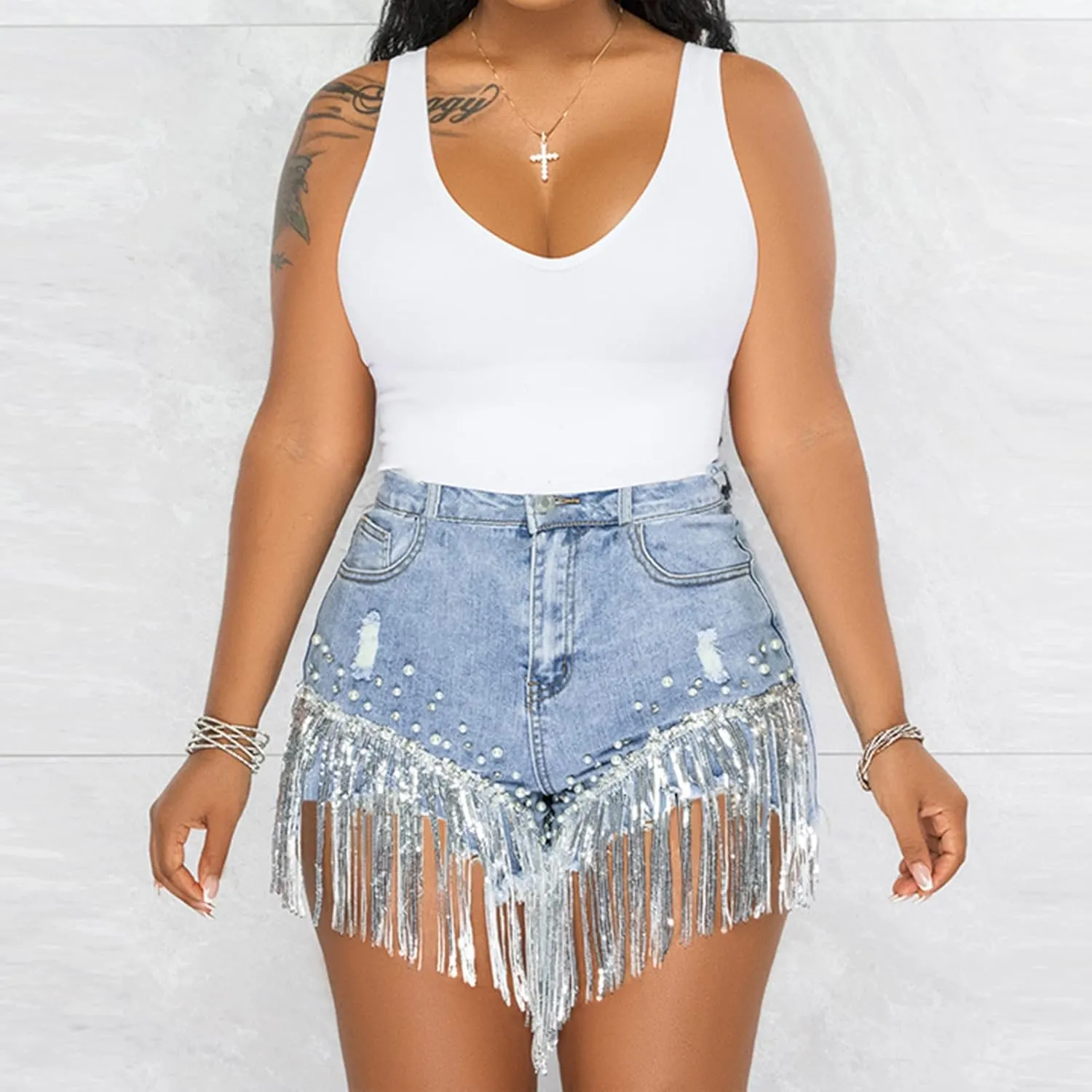 CYLADY Women High Waisted Denim Shorts Ripped Jeans Frayed Raw Hem Tassels Jean Shorts