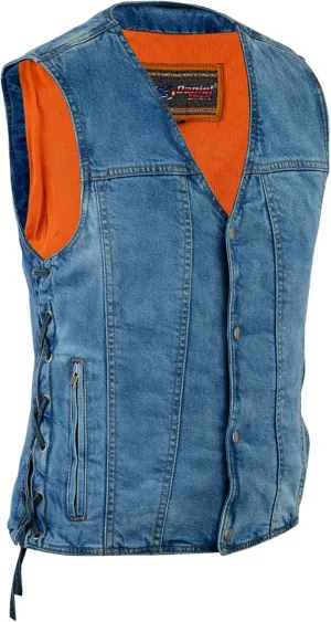 Daniel Smart Biker Vest for Men Motorcycle Blue & Black Denim Vest with Side Laces and Concealment Carry Pocket