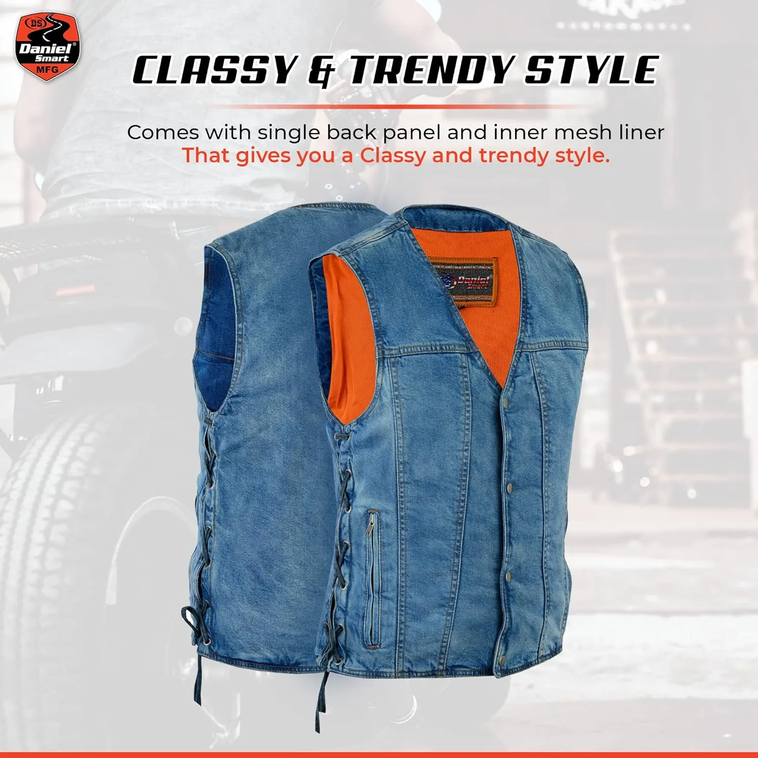 Daniel Smart Biker Vest for Men Motorcycle Blue & Black Denim Vest with Side Laces and Concealment Carry Pocket