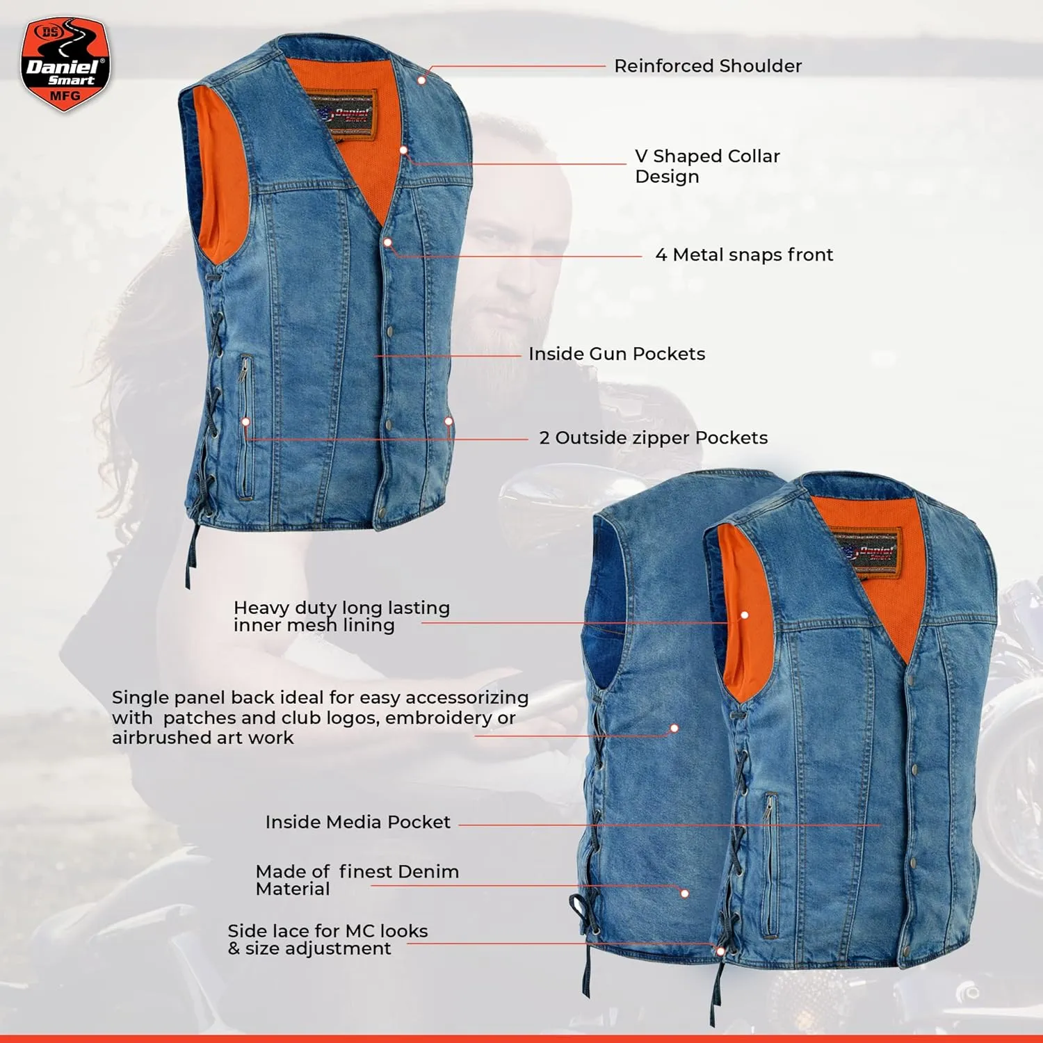 Daniel Smart Biker Vest for Men Motorcycle Blue & Black Denim Vest with Side Laces and Concealment Carry Pocket