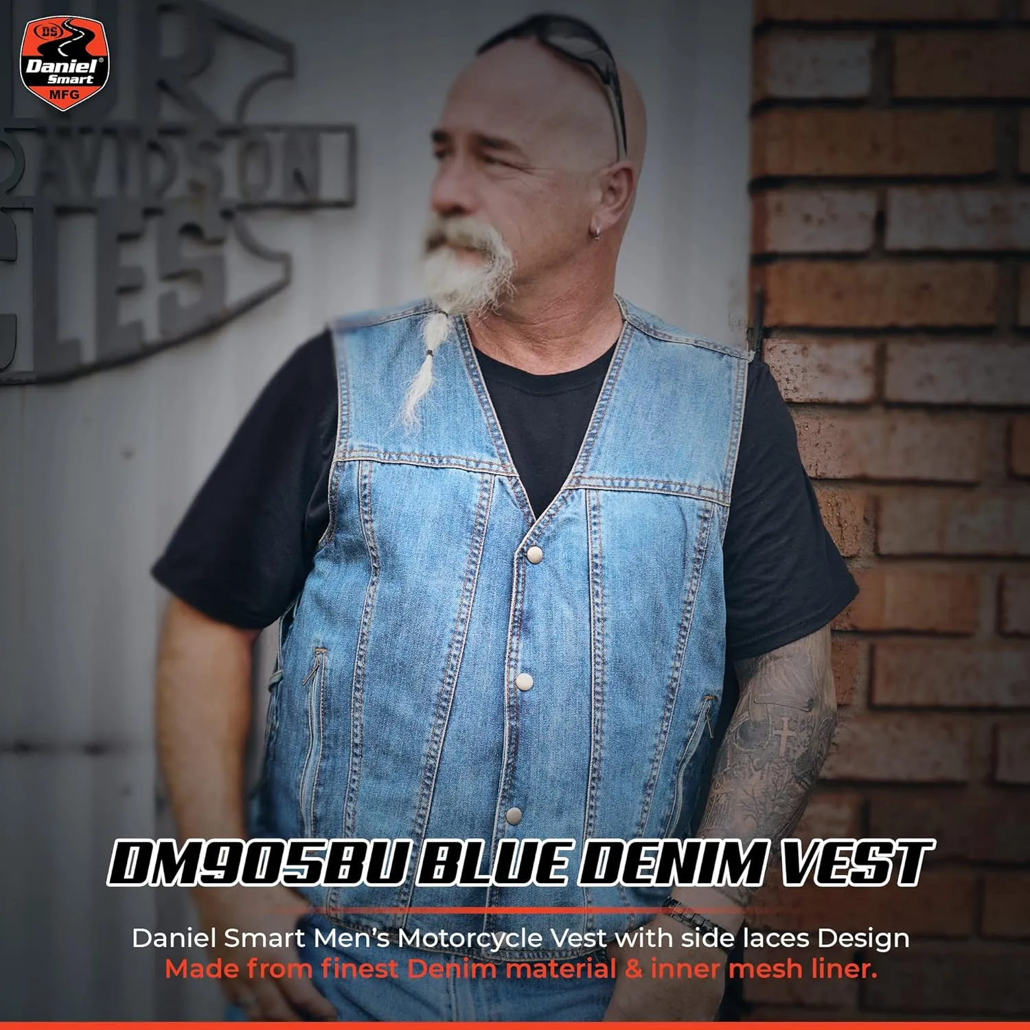 Daniel Smart Biker Vest for Men Motorcycle Blue & Black Denim Vest with Side Laces and Concealment Carry Pocket