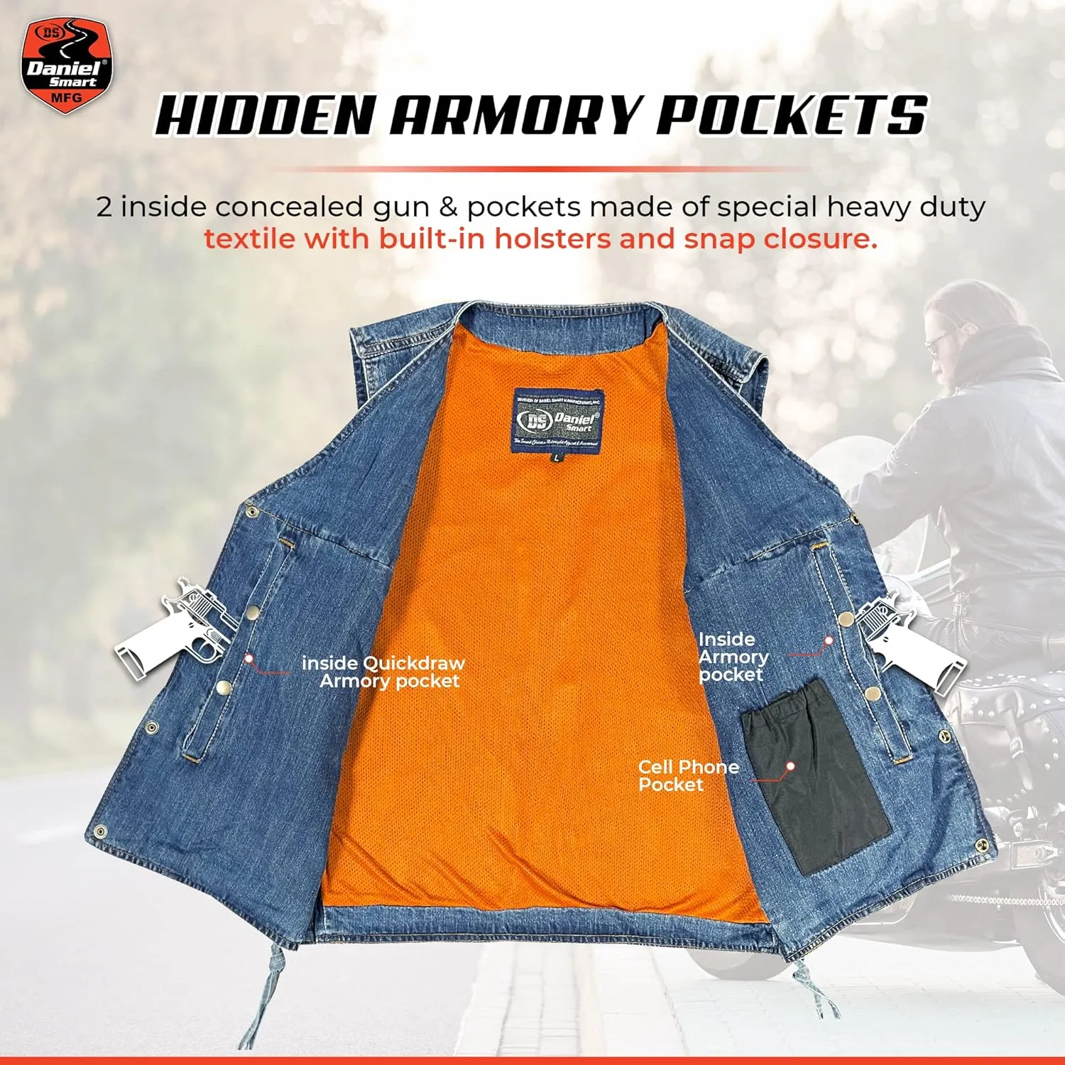 Daniel Smart Biker Vest for Men Motorcycle Blue & Black Denim Vest with Side Laces and Concealment Carry Pocket
