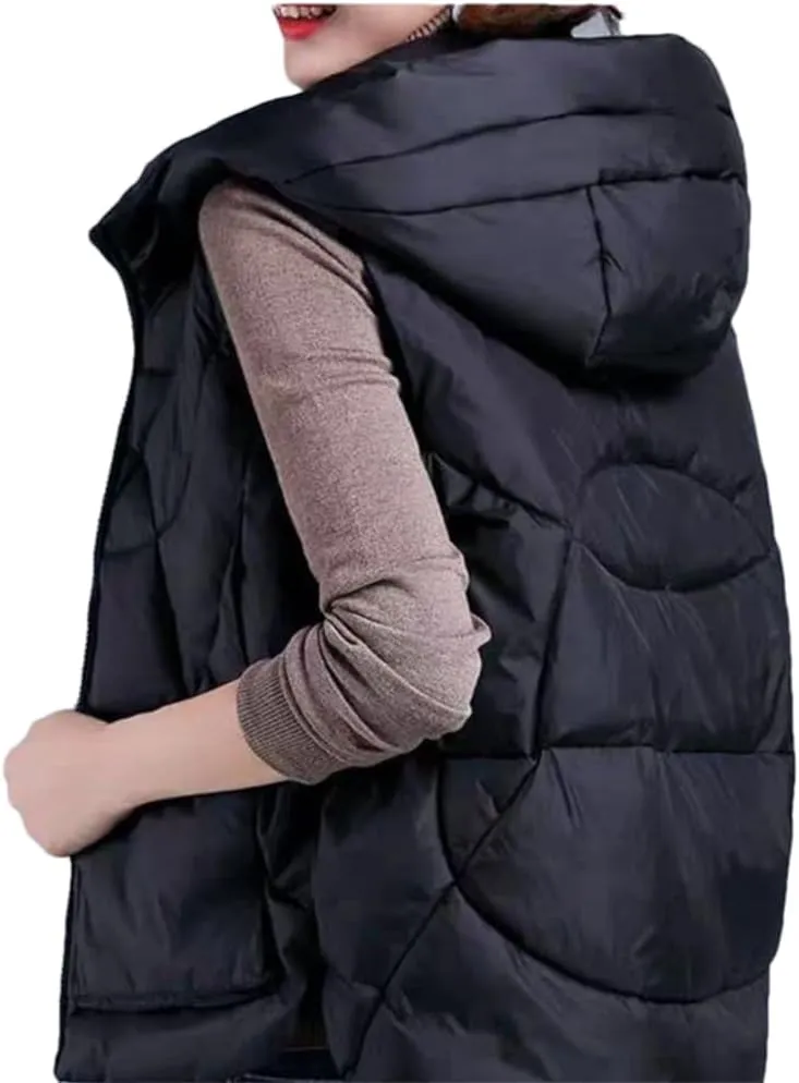 DBFBDTU Women's Loose Vest Solid Hooded Zipper Pockets Cotton Padded Sleeveless Jackets Waistcoat Coat