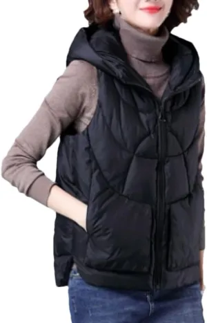 DBFBDTU Women's Loose Vest Solid Hooded Zipper Pockets Cotton Padded Sleeveless Jackets Waistcoat Coat