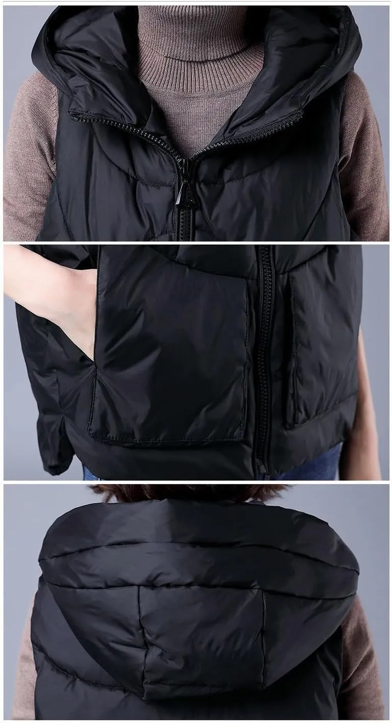 DBFBDTU Women's Loose Vest Solid Hooded Zipper Pockets Cotton Padded Sleeveless Jackets Waistcoat Coat