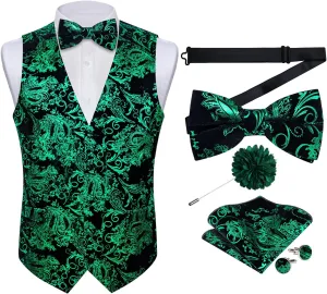 DiBanGu Mens Velvet Dress Waistcoat 6PCS Metallic Paisley Printed Suit Vest and Bowtie Set with Lapel Pin for Suit or Tuxedo