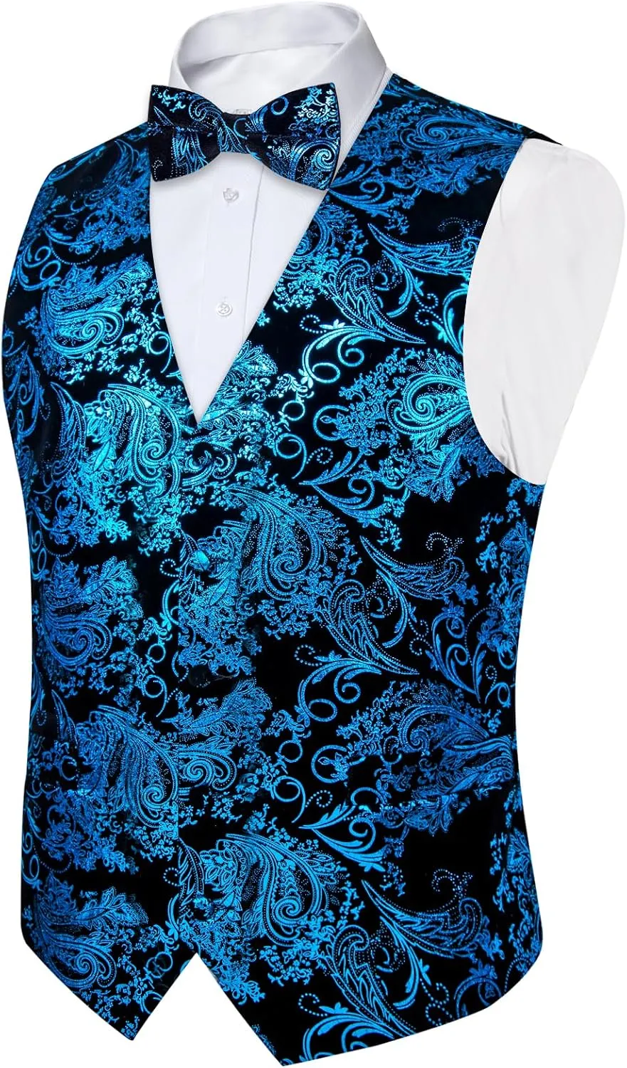 DiBanGu Mens Velvet Dress Waistcoat 6PCS Metallic Paisley Printed Suit Vest and Bowtie Set with Lapel Pin for Suit or Tuxedo