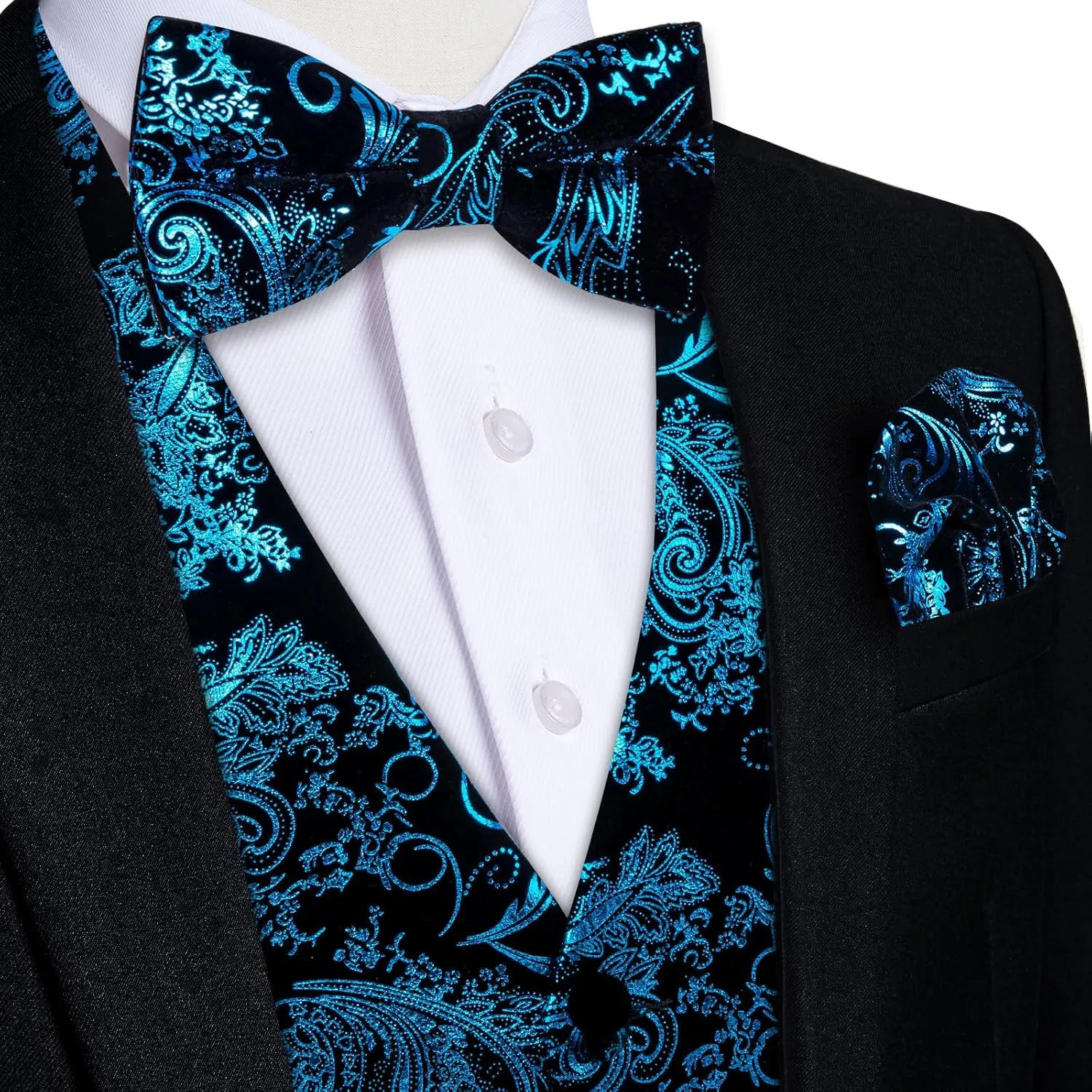 DiBanGu Mens Velvet Dress Waistcoat 6PCS Metallic Paisley Printed Suit Vest and Bowtie Set with Lapel Pin for Suit or Tuxedo