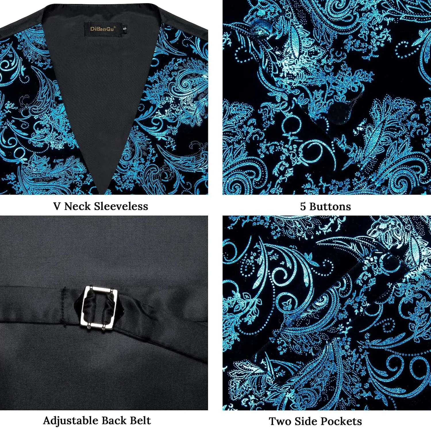 DiBanGu Mens Velvet Dress Waistcoat 6PCS Metallic Paisley Printed Suit Vest and Bowtie Set with Lapel Pin for Suit or Tuxedo