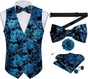 DiBanGu Mens Velvet Dress Waistcoat 6PCS Metallic Paisley Printed Suit Vest and Bowtie Set with Lapel Pin for Suit or Tuxedo