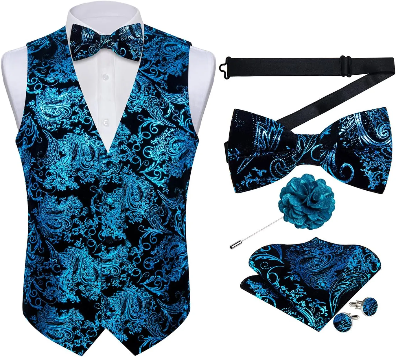DiBanGu Mens Velvet Dress Waistcoat 6PCS Metallic Paisley Printed Suit Vest and Bowtie Set with Lapel Pin for Suit or Tuxedo