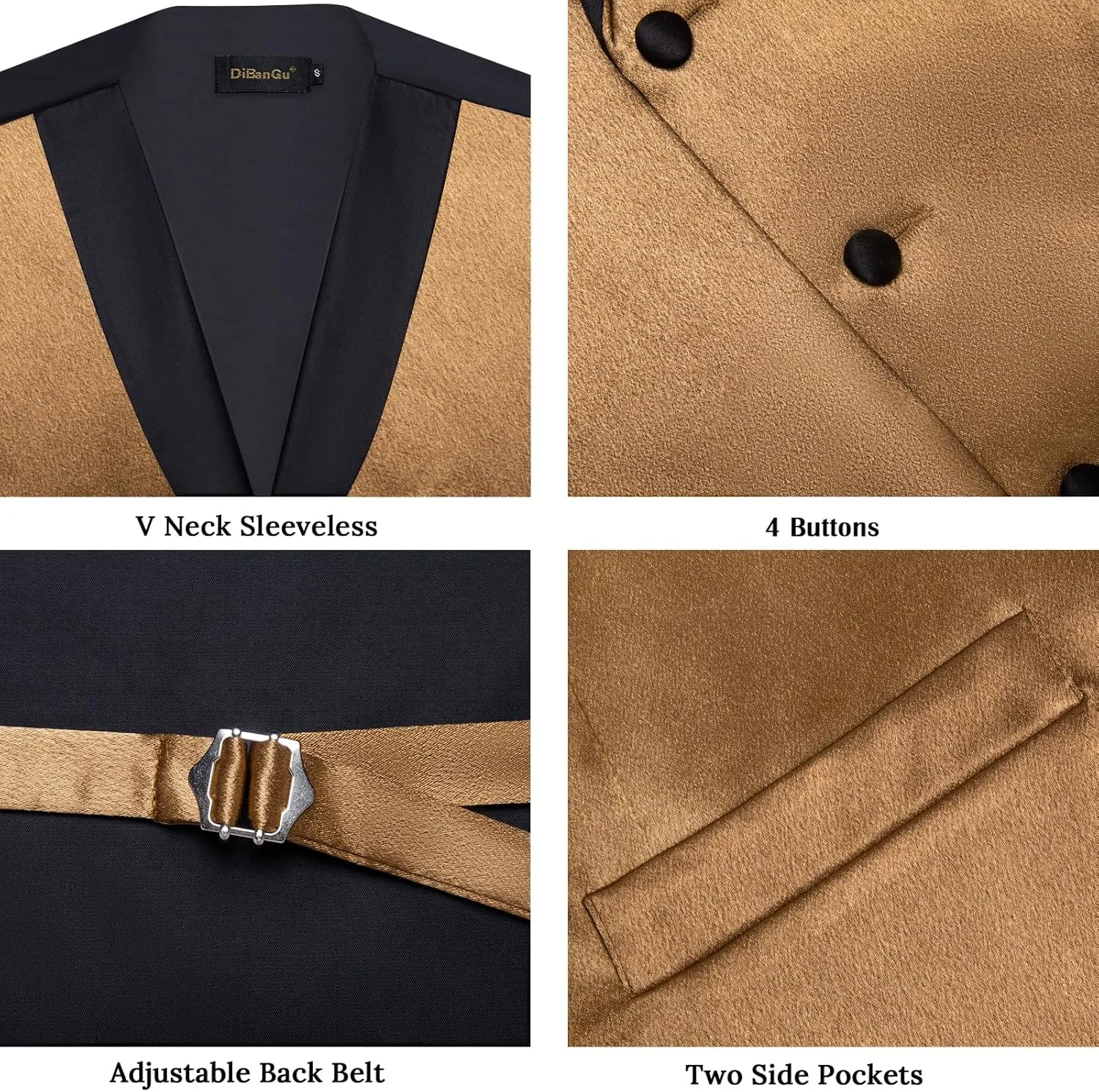 DiBanGu Mens Vest Formal Solid Color Waistcoat and Tie Pocket Square Set Satin Shawl Lapel Dress Vest Wedding Business