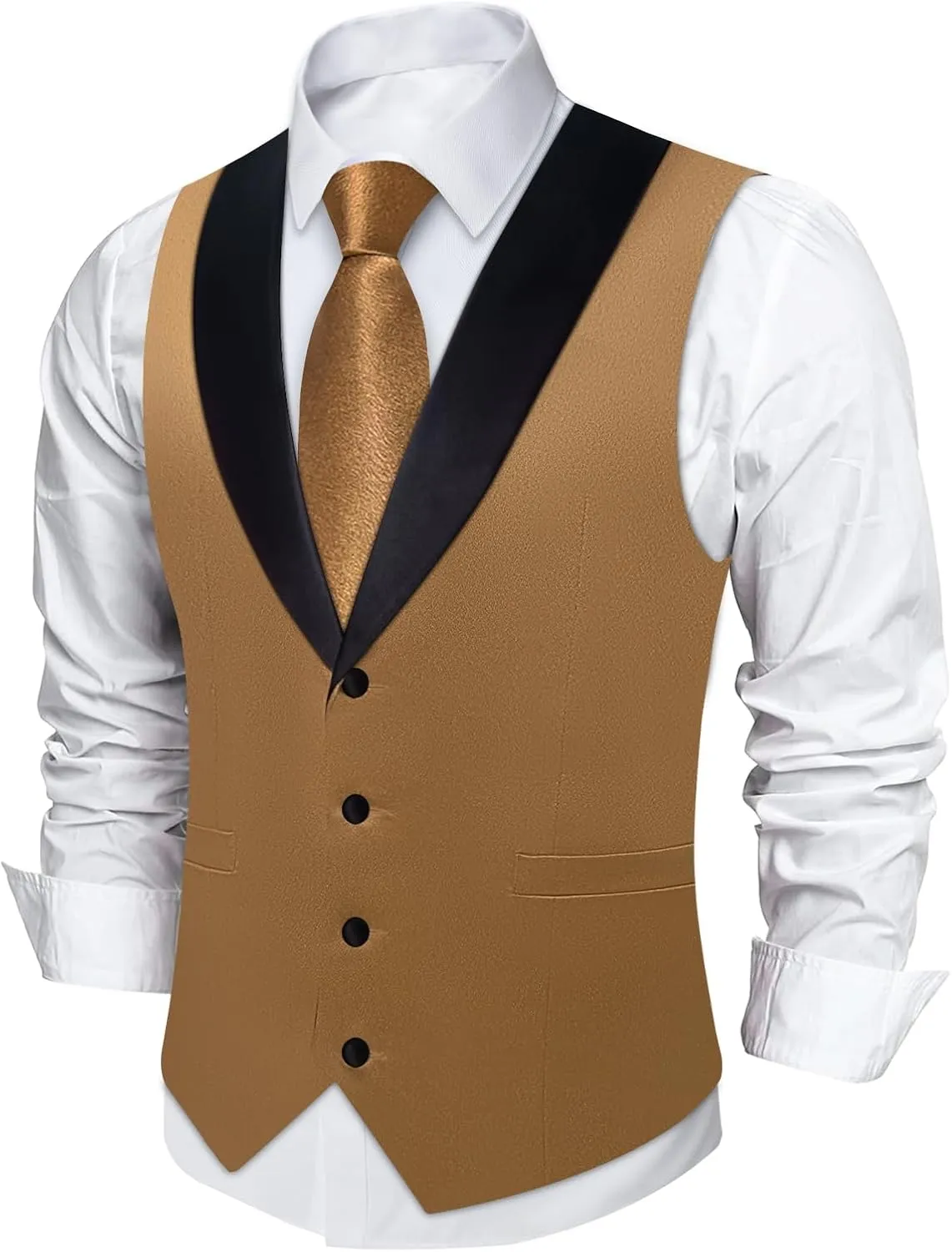 DiBanGu Mens Vest Formal Solid Color Waistcoat and Tie Pocket Square Set Satin Shawl Lapel Dress Vest Wedding Business