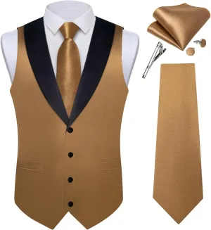 DiBanGu Mens Vest Formal Solid Color Waistcoat and Tie Pocket Square Set Satin Shawl Lapel Dress Vest Wedding Business