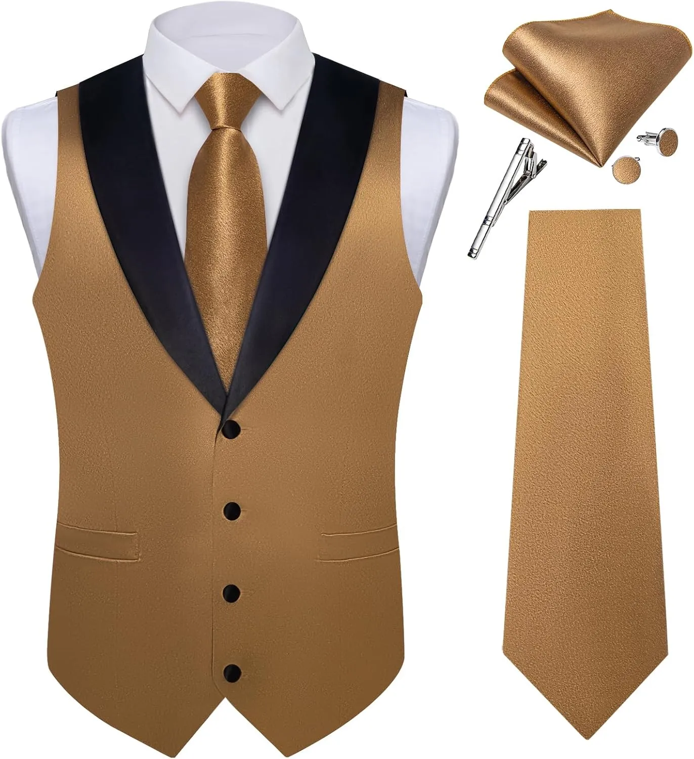 DiBanGu Mens Vest Formal Solid Color Waistcoat and Tie Pocket Square Set Satin Shawl Lapel Dress Vest Wedding Business