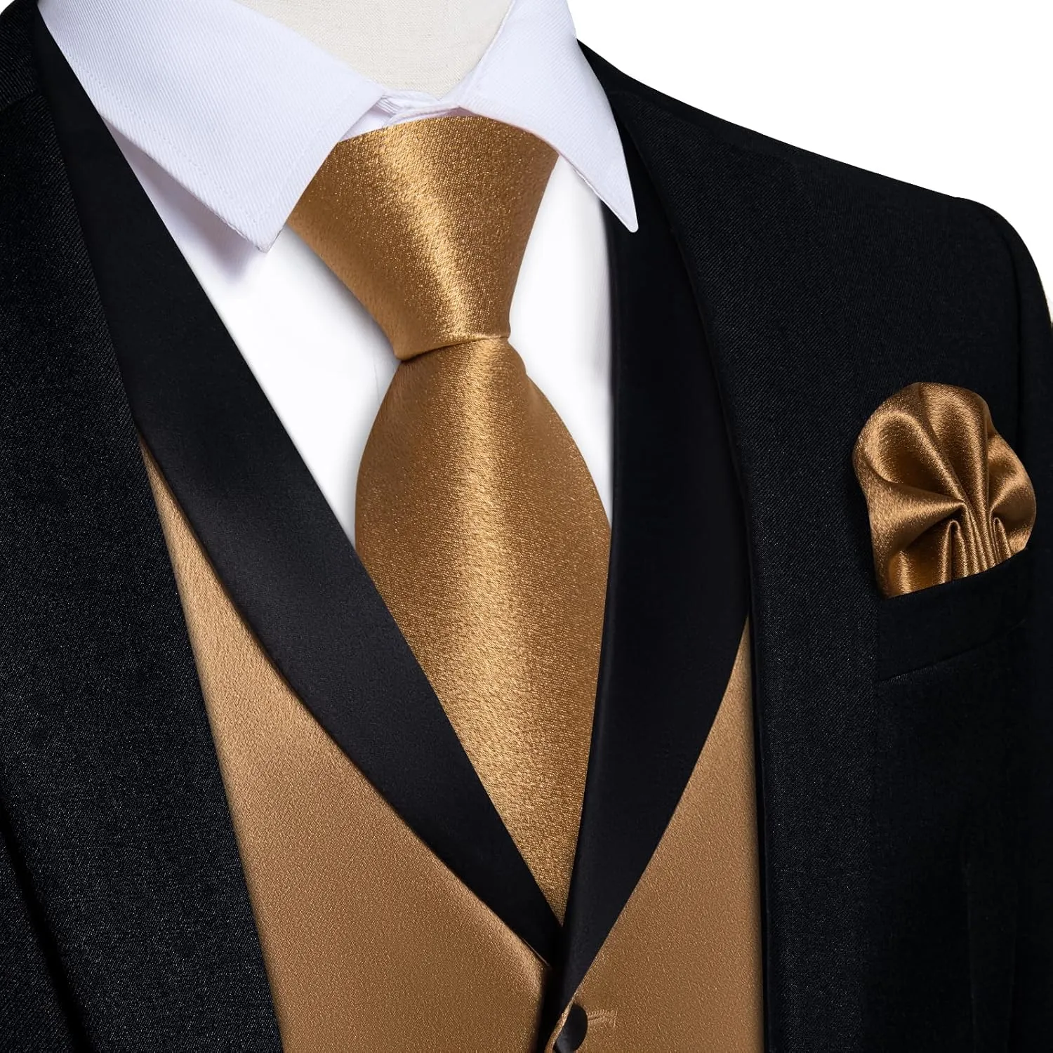 DiBanGu Mens Vest Formal Solid Color Waistcoat and Tie Pocket Square Set Satin Shawl Lapel Dress Vest Wedding Business