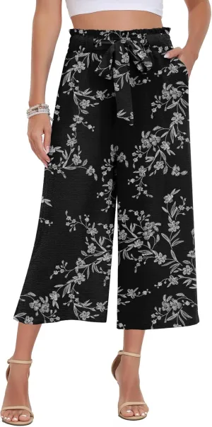 DILIUXING Womens Wide Leg Lounge Capri Pants with Pockets Lightweight High Waisted Adjustable Loose Tie Knot Trouser