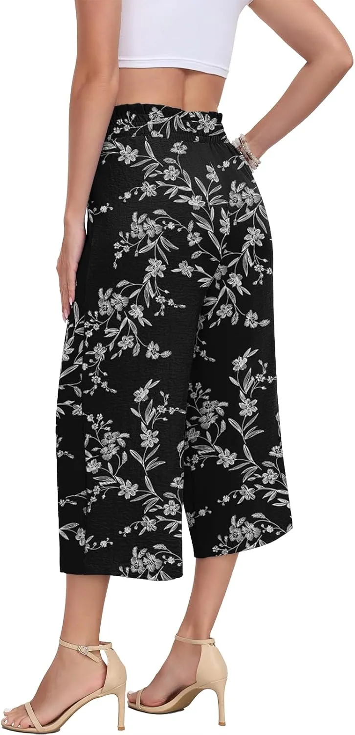 DILIUXING Womens Wide Leg Lounge Capri Pants with Pockets Lightweight High Waisted Adjustable Loose Tie Knot Trouser