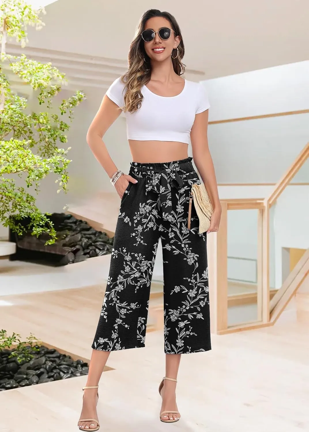 DILIUXING Womens Wide Leg Lounge Capri Pants with Pockets Lightweight High Waisted Adjustable Loose Tie Knot Trouser