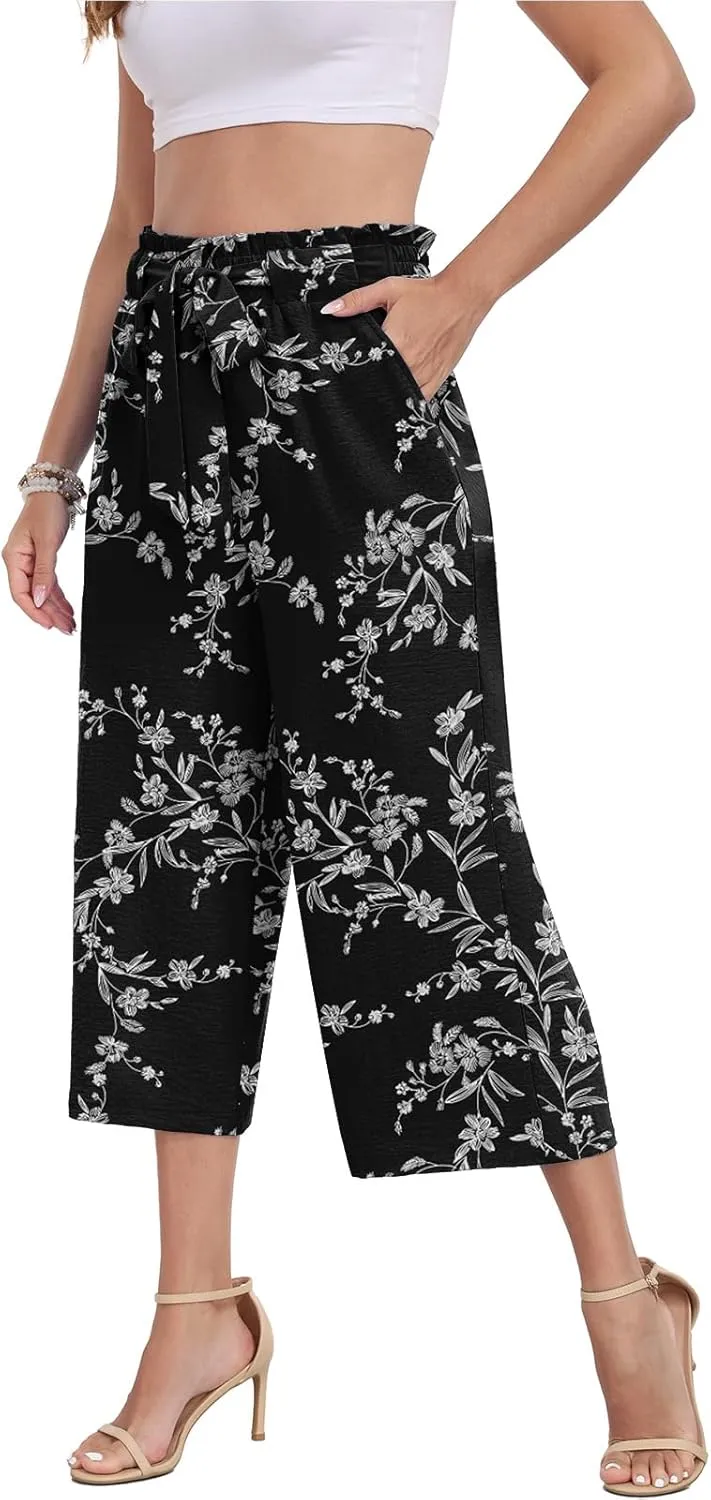DILIUXING Womens Wide Leg Lounge Capri Pants with Pockets Lightweight High Waisted Adjustable Loose Tie Knot Trouser