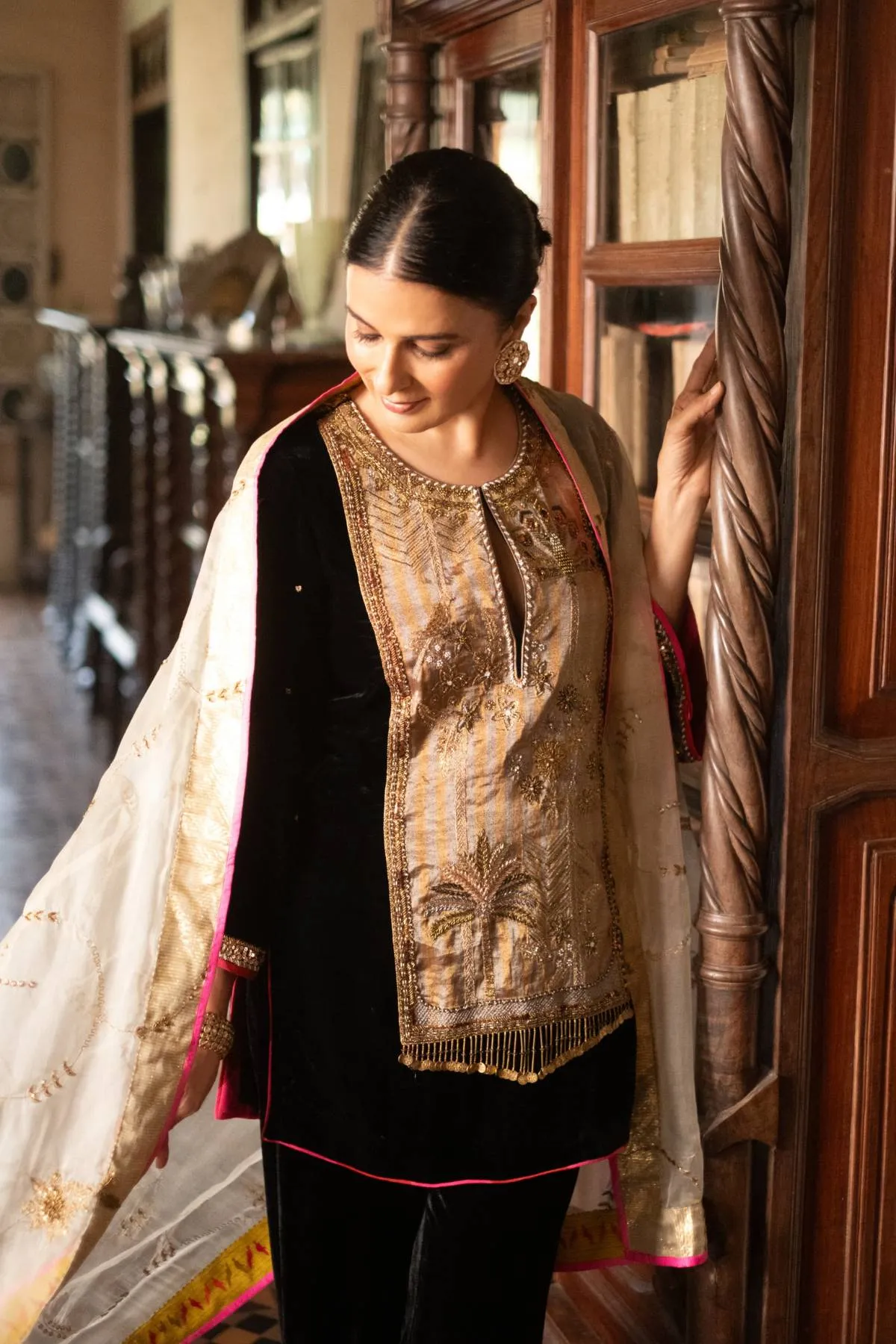 Divya Gurwara Reejh Black Antique Yoke Velvet Kurta Set
