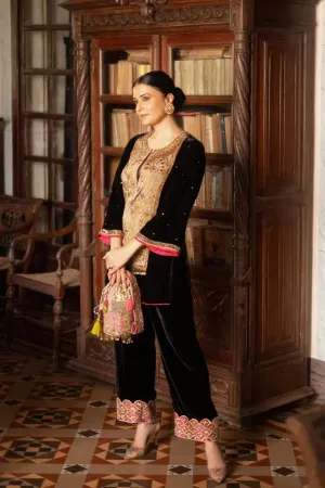 Divya Gurwara Reejh Black Antique Yoke Velvet Kurta Set
