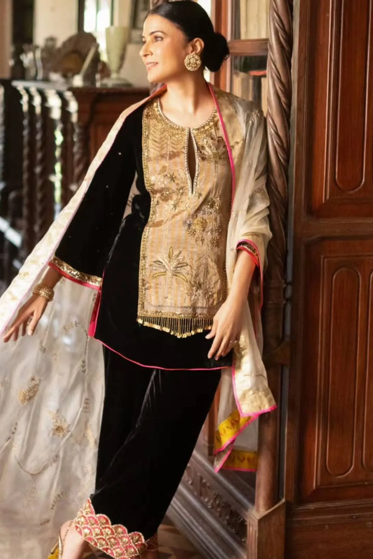 Divya Gurwara Reejh Black Antique Yoke Velvet Kurta Set