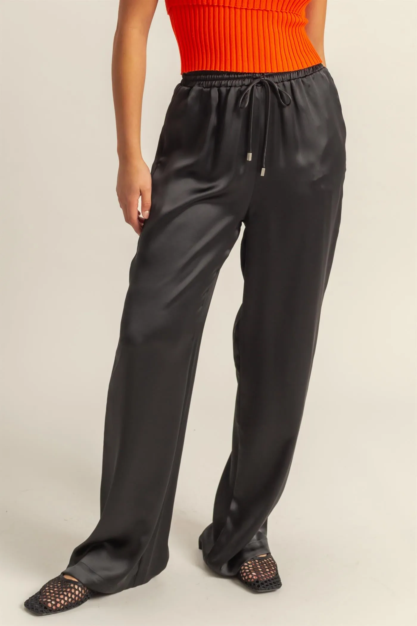 DZ24F332-Drawstring Waist Wide Leg Satin Pants