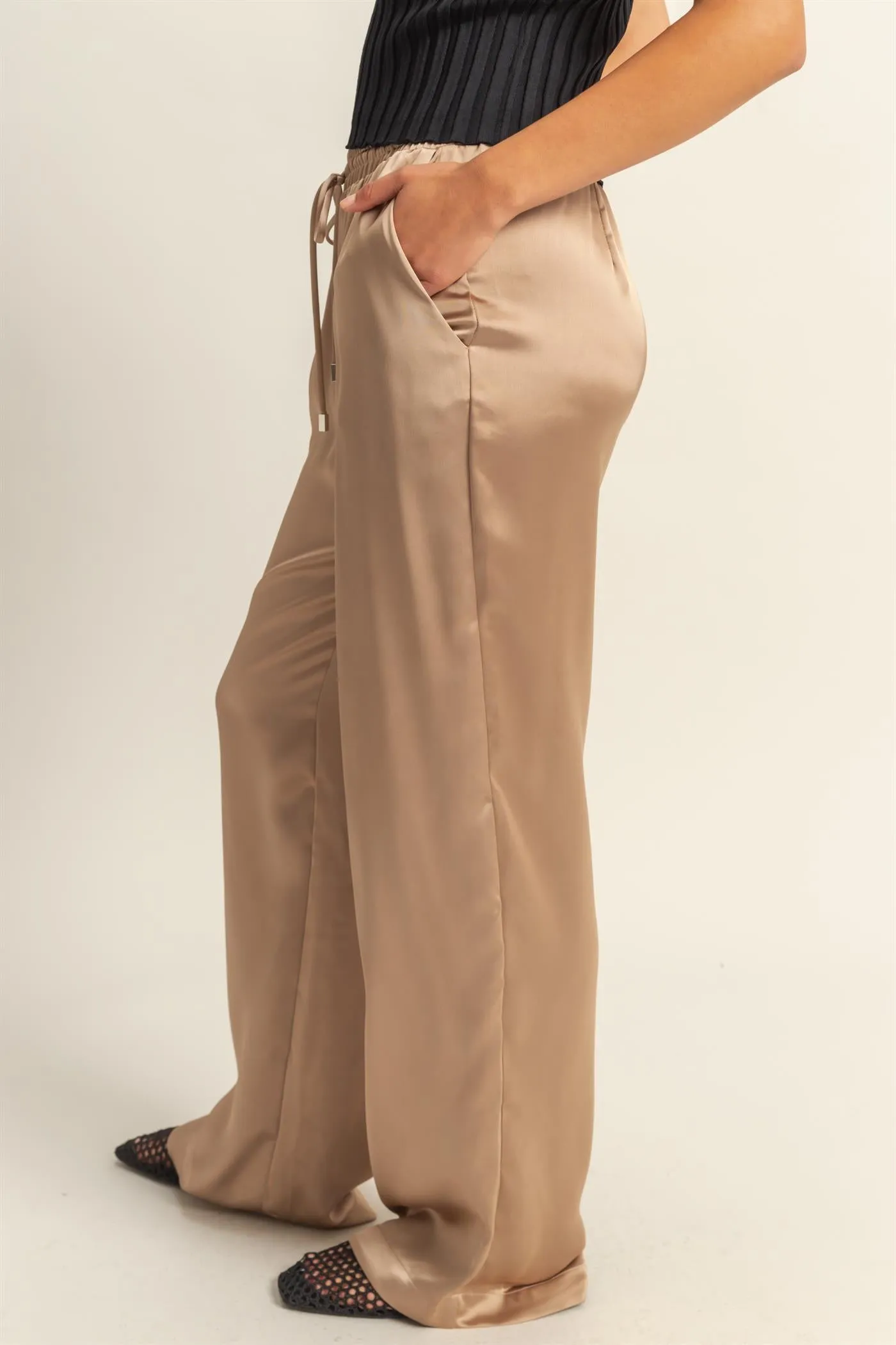 DZ24F332-Drawstring Waist Wide Leg Satin Pants