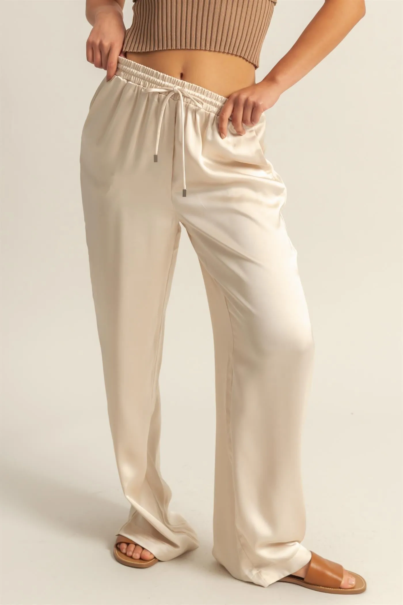 DZ24F332-Drawstring Waist Wide Leg Satin Pants