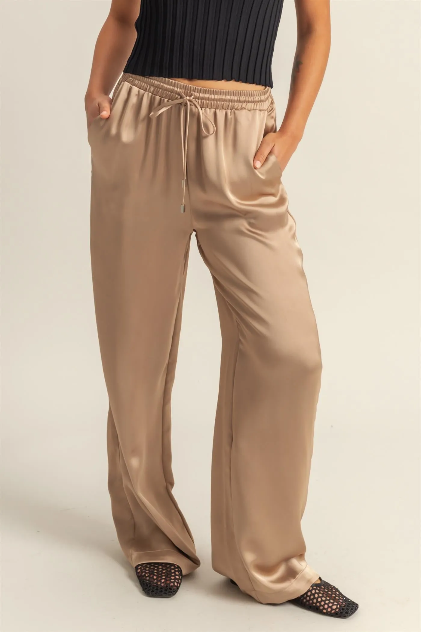 DZ24F332-Drawstring Waist Wide Leg Satin Pants