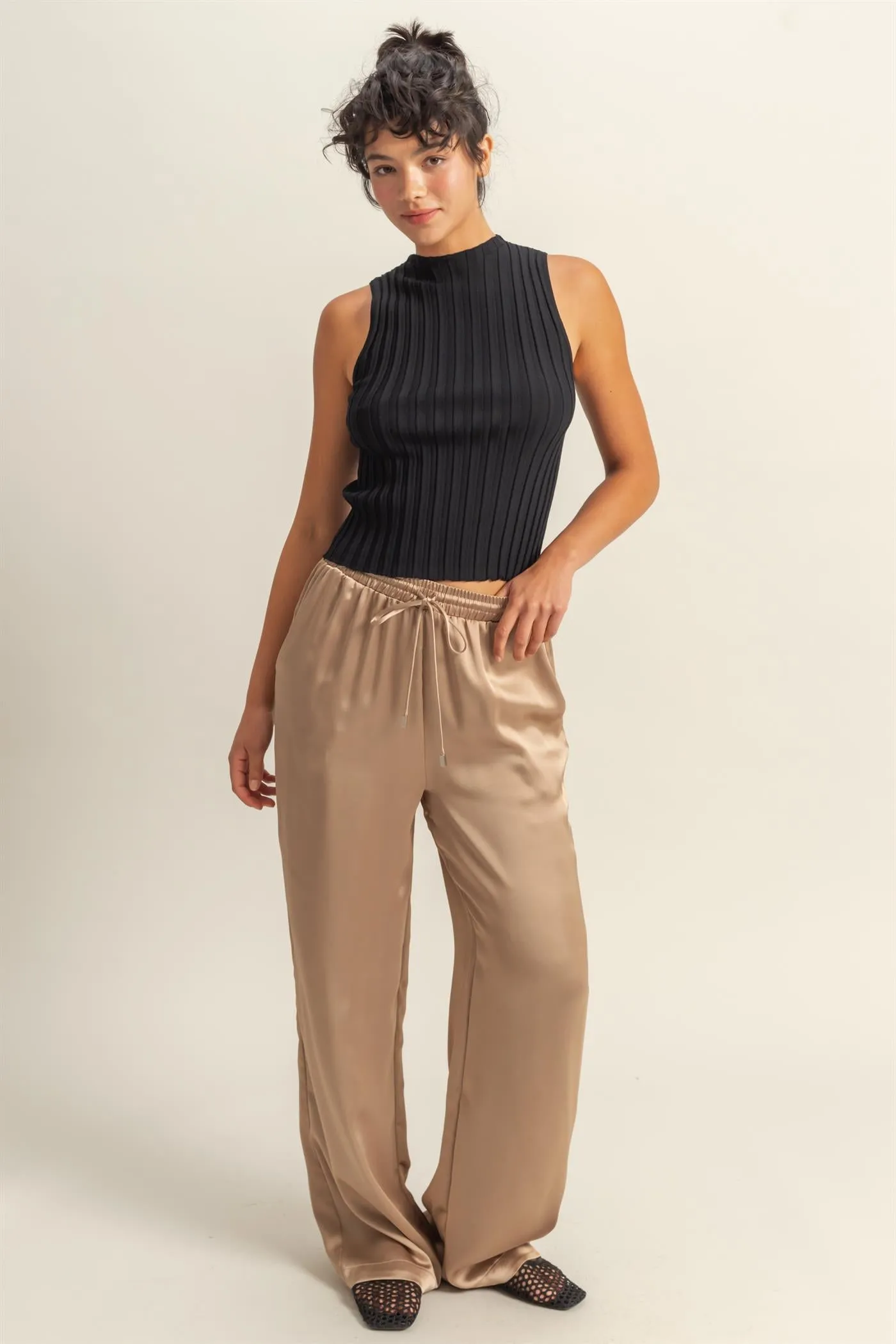 DZ24F332-Drawstring Waist Wide Leg Satin Pants