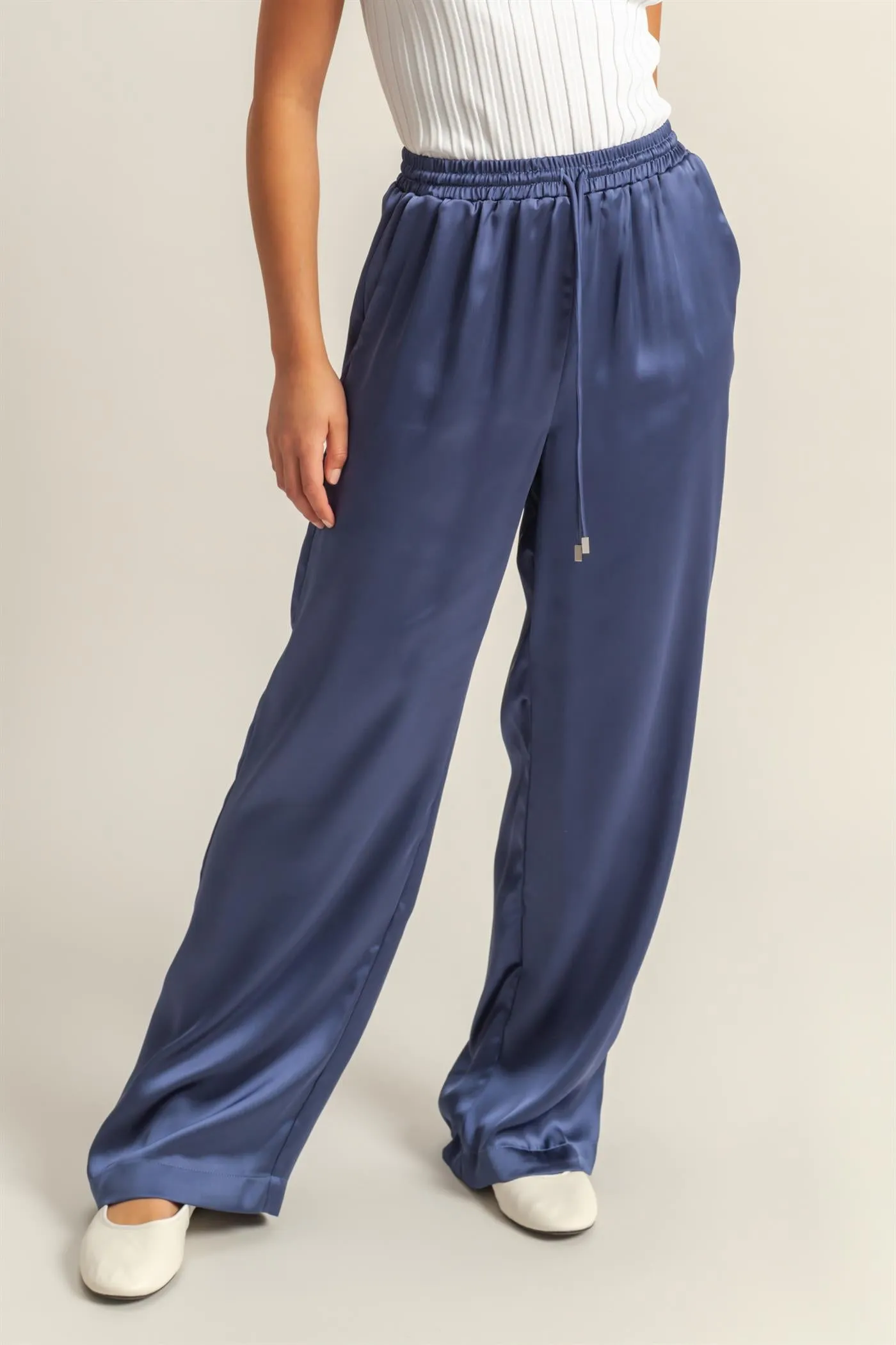 DZ24F332-Drawstring Waist Wide Leg Satin Pants