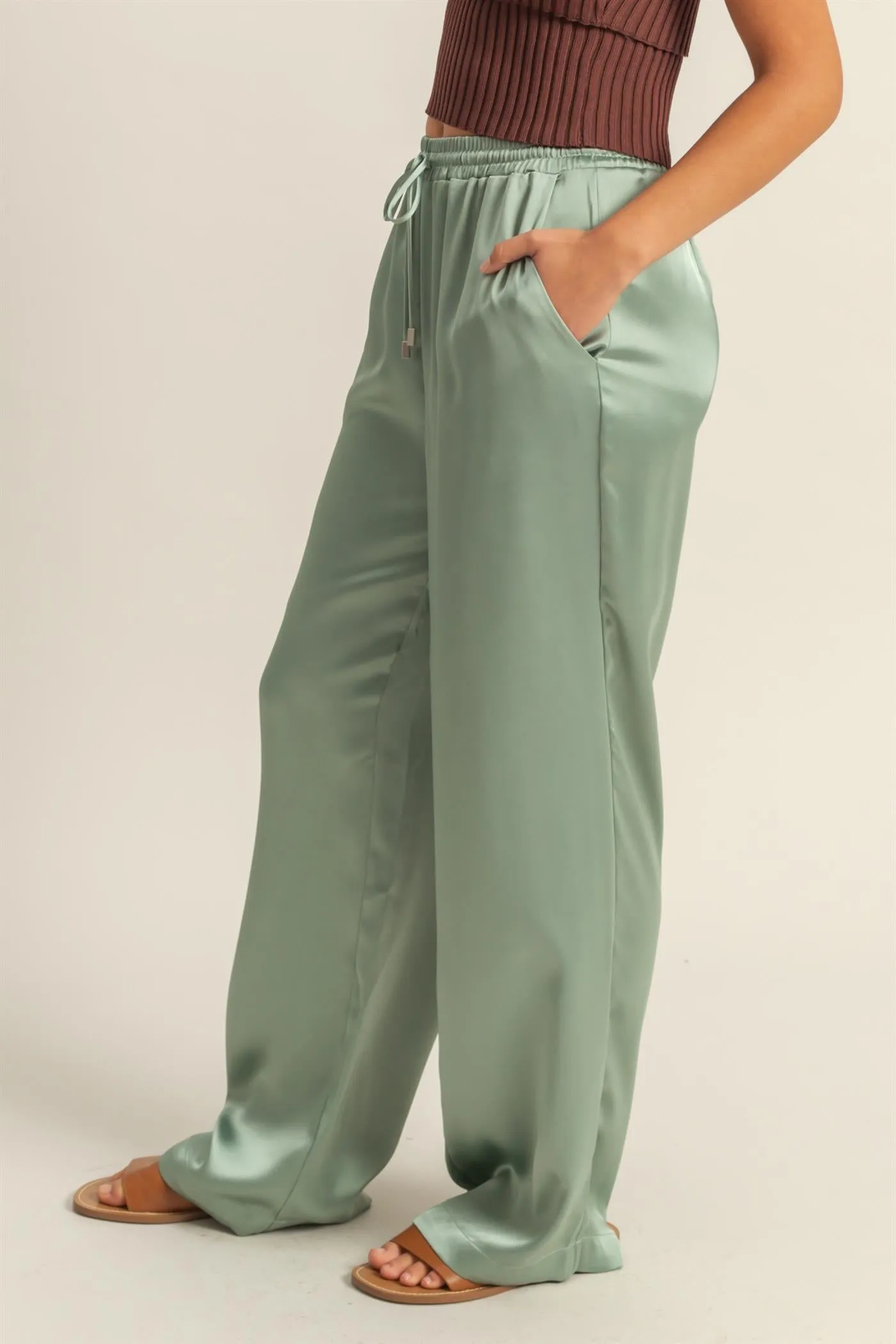 DZ24F332-Drawstring Waist Wide Leg Satin Pants
