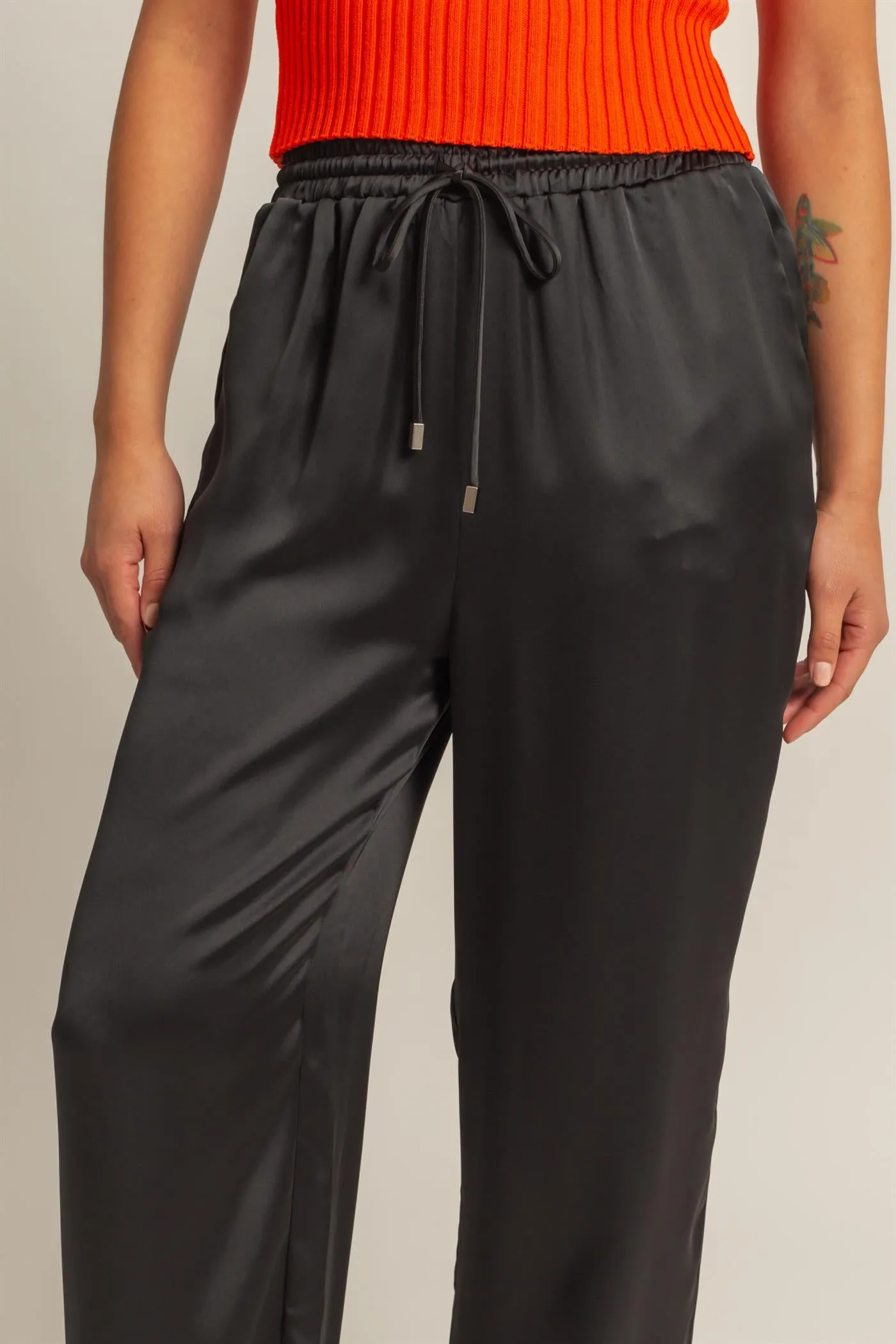 DZ24F332-Drawstring Waist Wide Leg Satin Pants