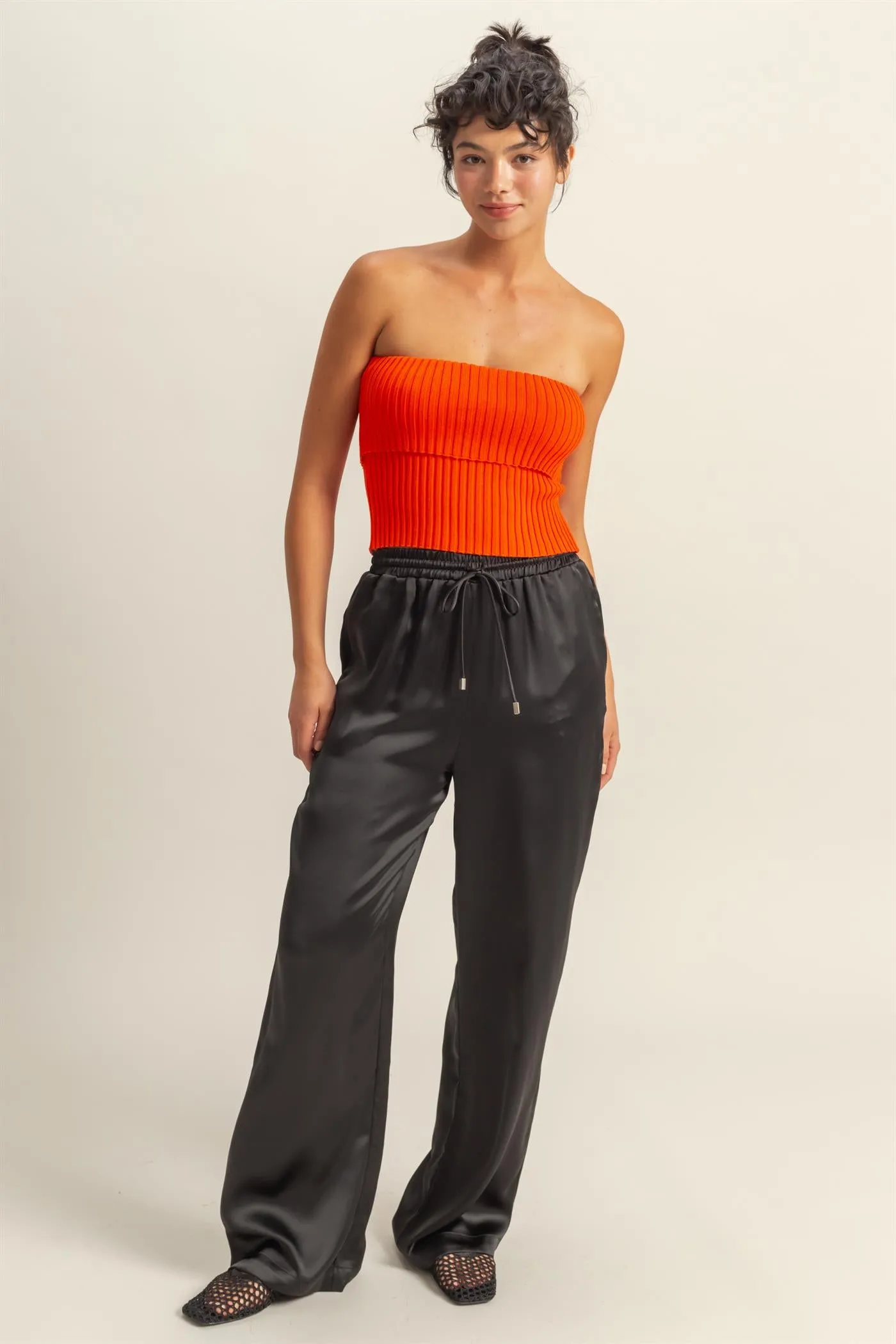 DZ24F332-Drawstring Waist Wide Leg Satin Pants