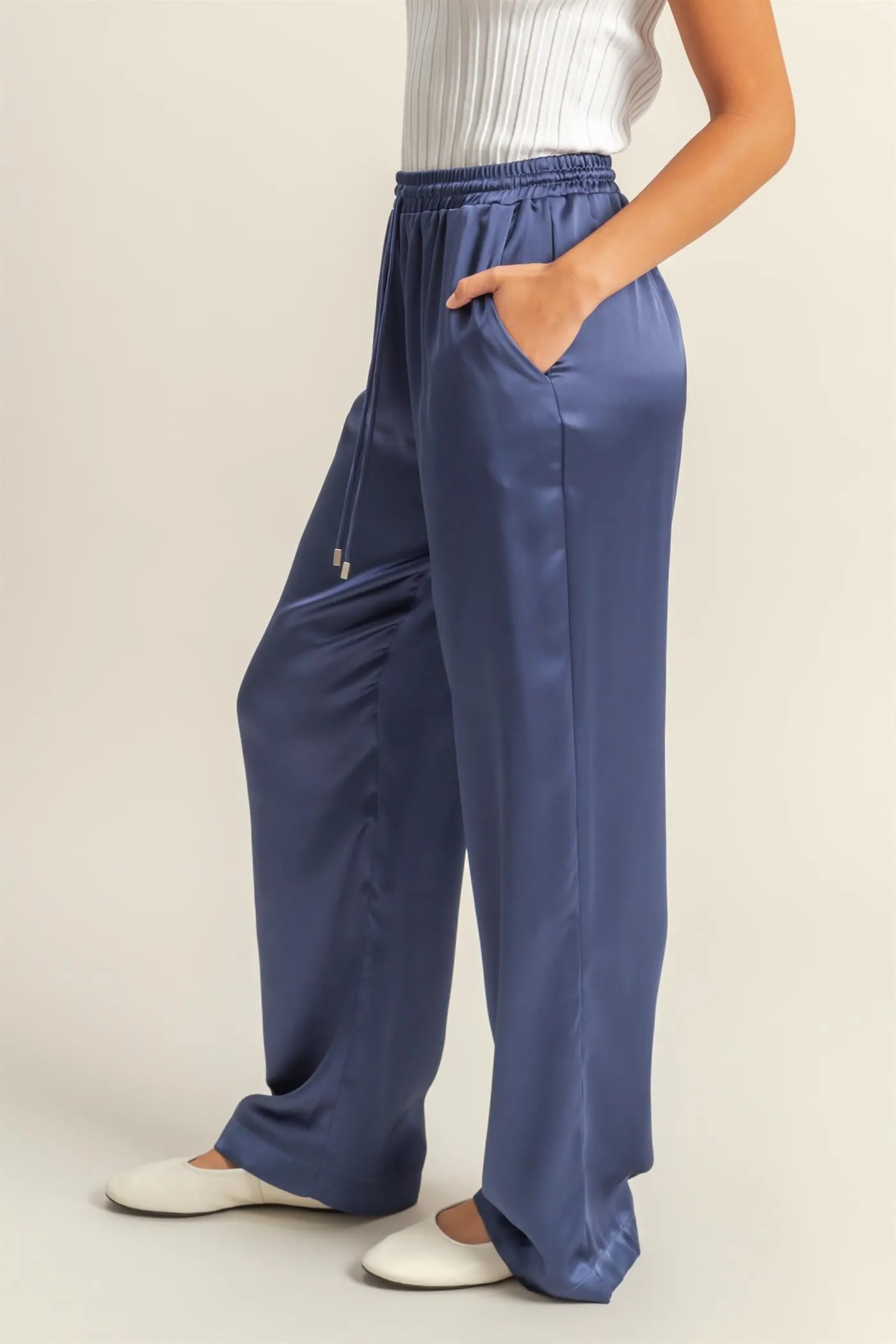 DZ24F332-Drawstring Waist Wide Leg Satin Pants