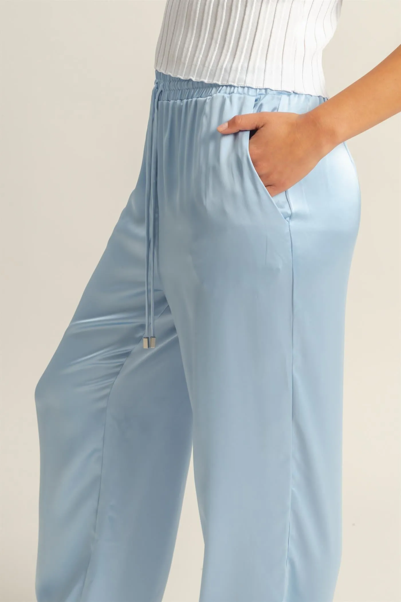 DZ24F332-Drawstring Waist Wide Leg Satin Pants