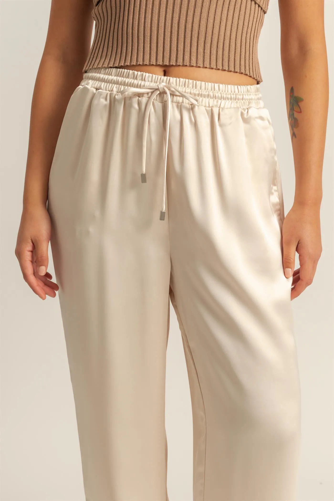 DZ24F332-Drawstring Waist Wide Leg Satin Pants