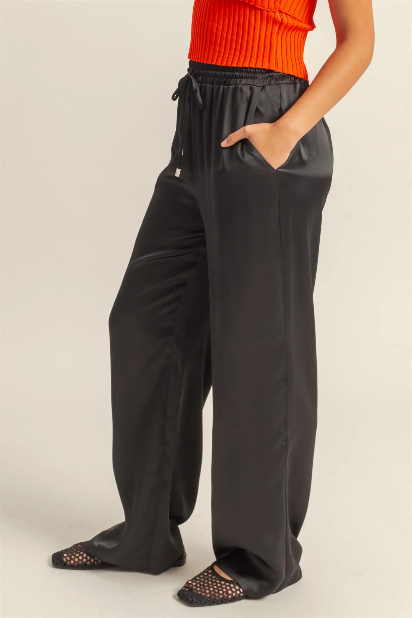 DZ24F332-Drawstring Waist Wide Leg Satin Pants