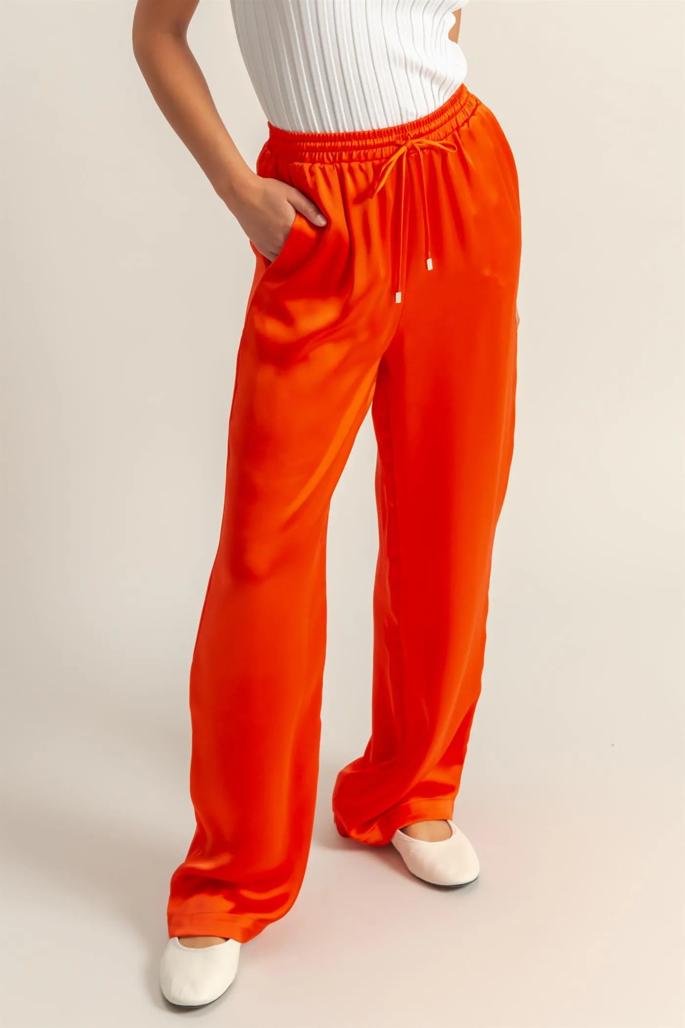 DZ24F332-Drawstring Waist Wide Leg Satin Pants