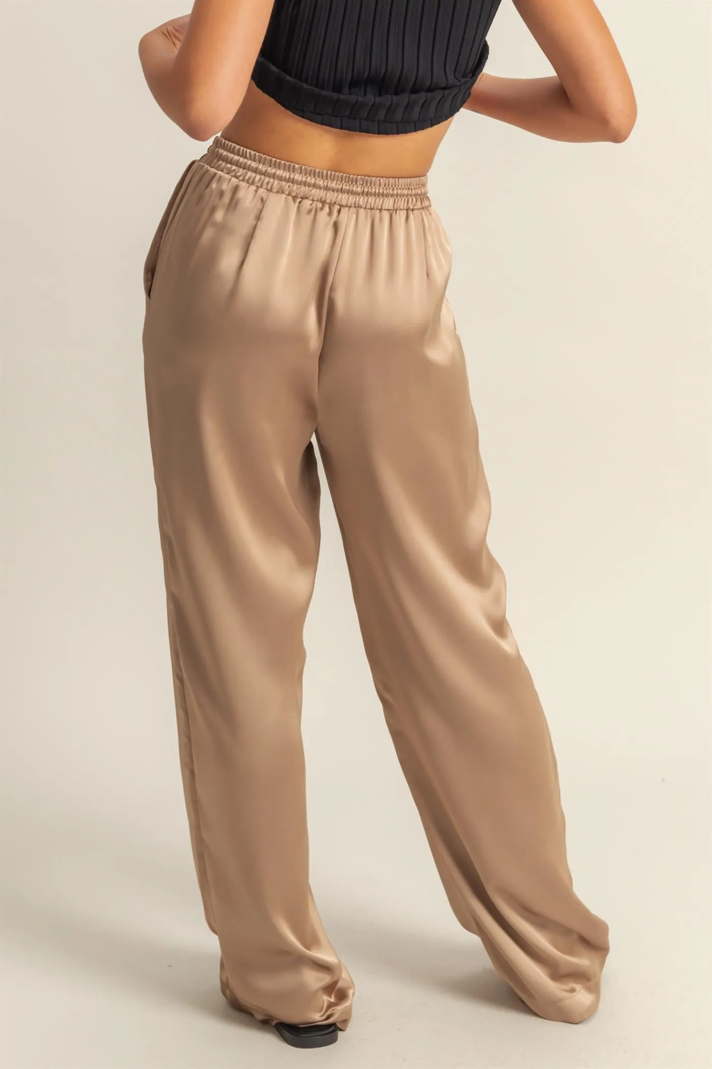 DZ24F332-Drawstring Waist Wide Leg Satin Pants