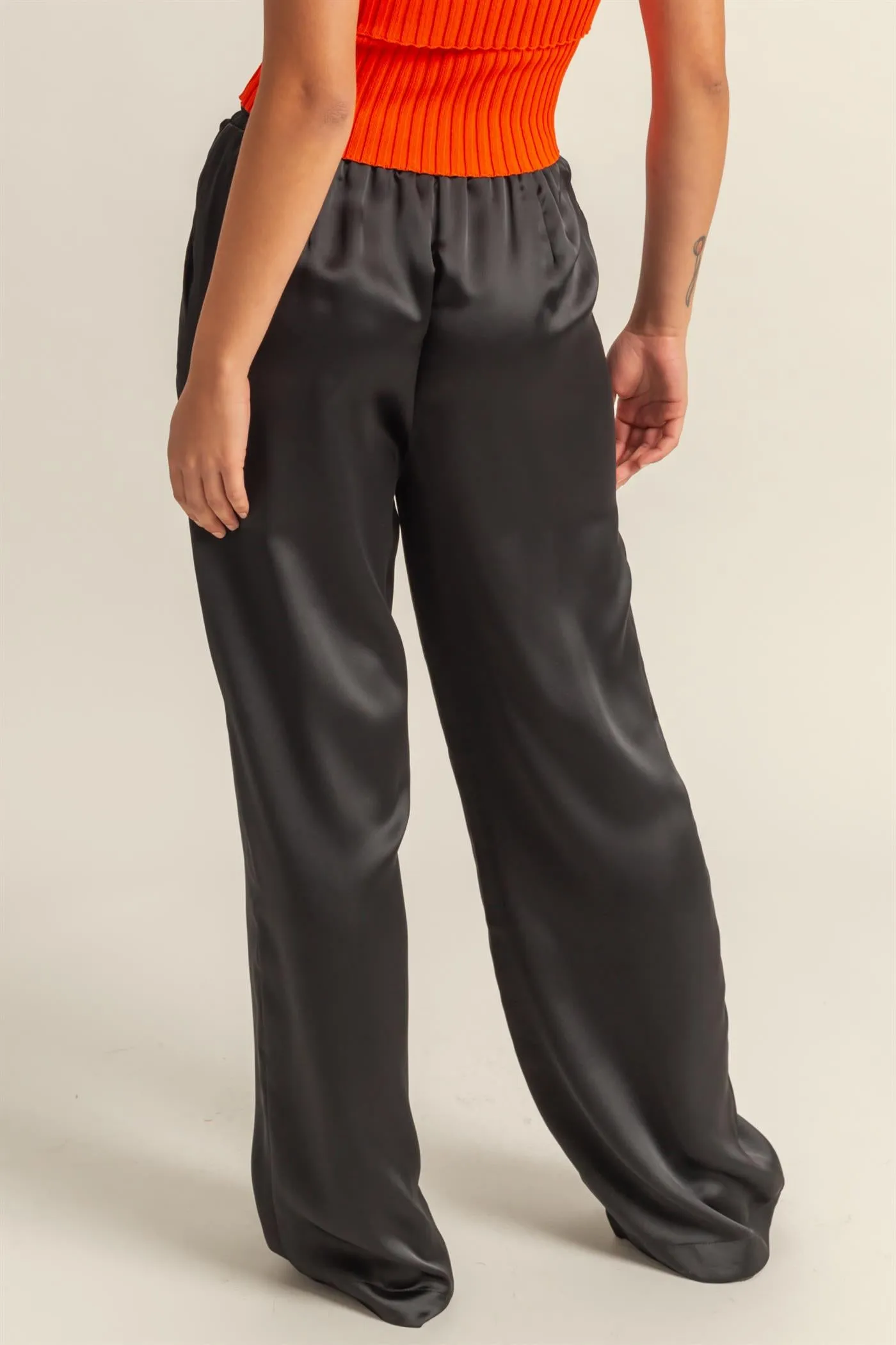 DZ24F332-Drawstring Waist Wide Leg Satin Pants