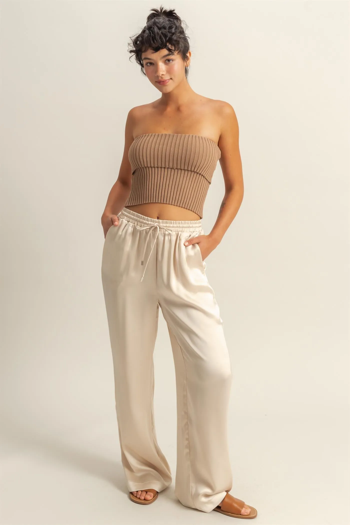 DZ24F332-Drawstring Waist Wide Leg Satin Pants