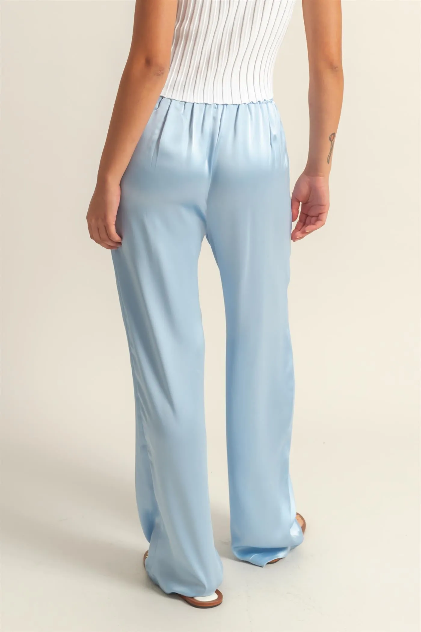 DZ24F332-Drawstring Waist Wide Leg Satin Pants