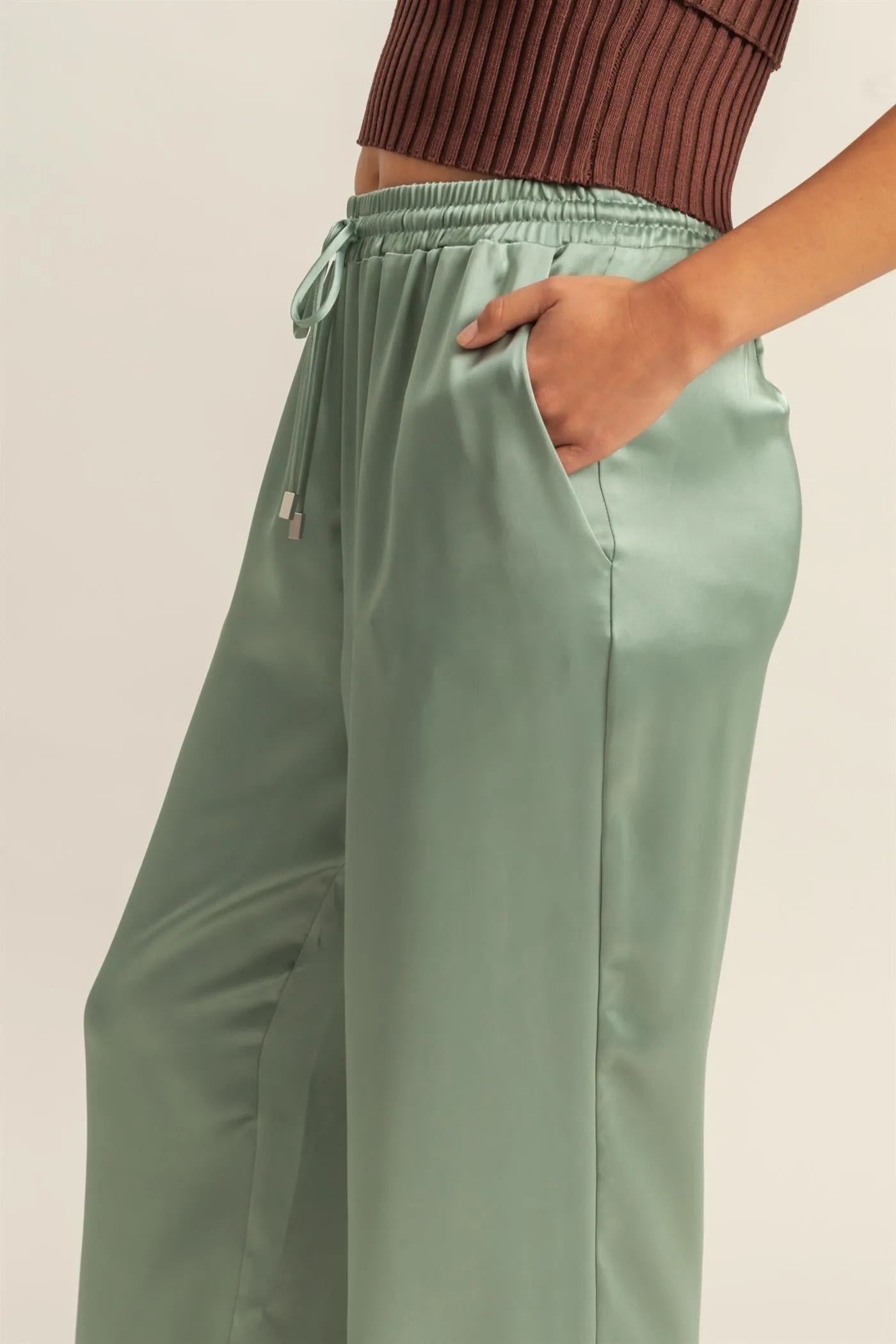 DZ24F332-Drawstring Waist Wide Leg Satin Pants