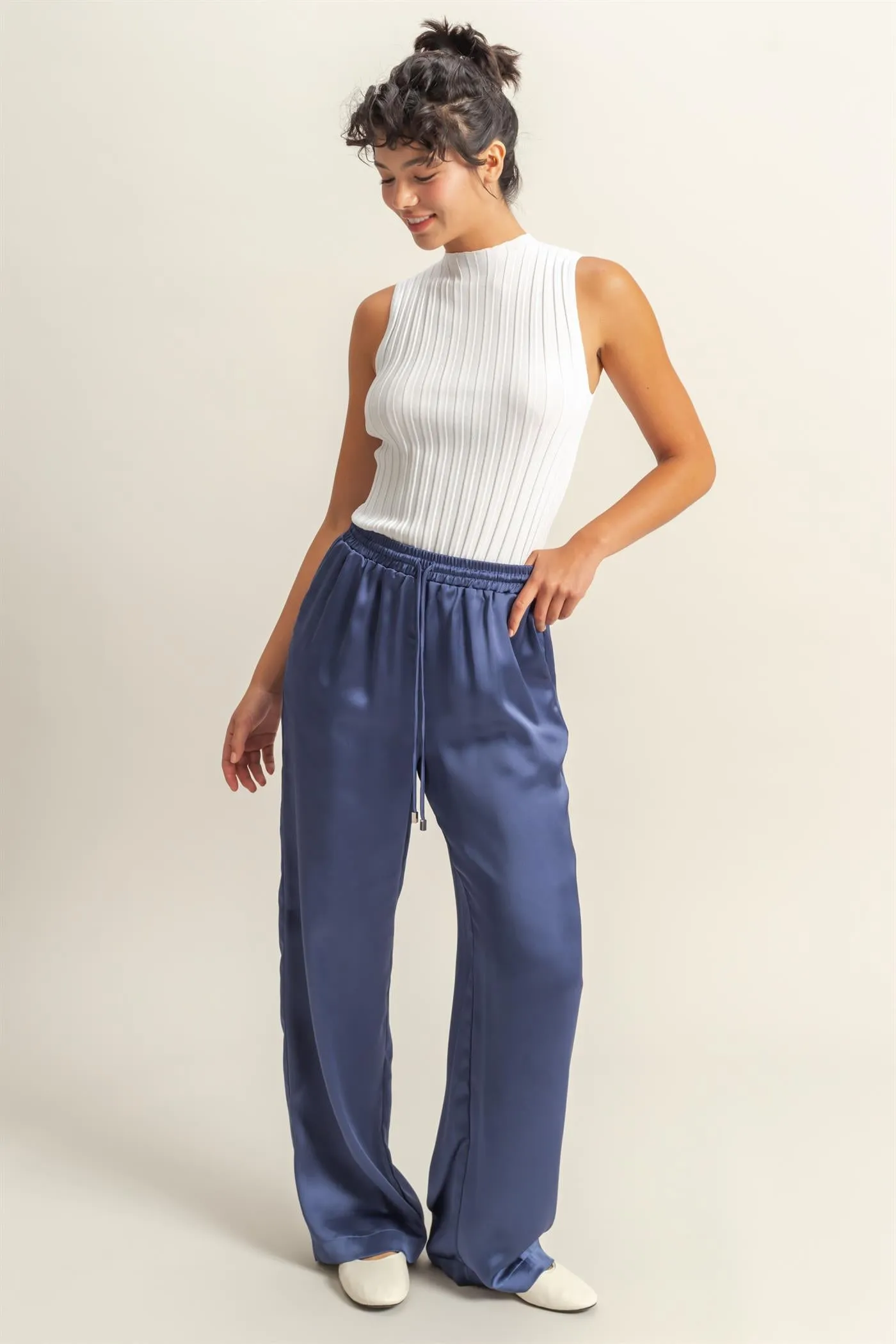 DZ24F332-Drawstring Waist Wide Leg Satin Pants