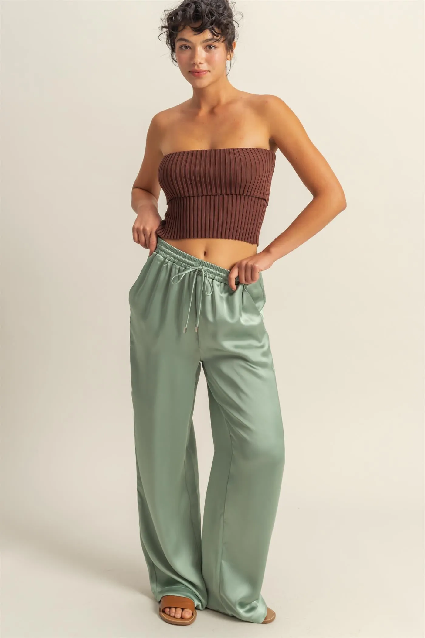 DZ24F332-Drawstring Waist Wide Leg Satin Pants