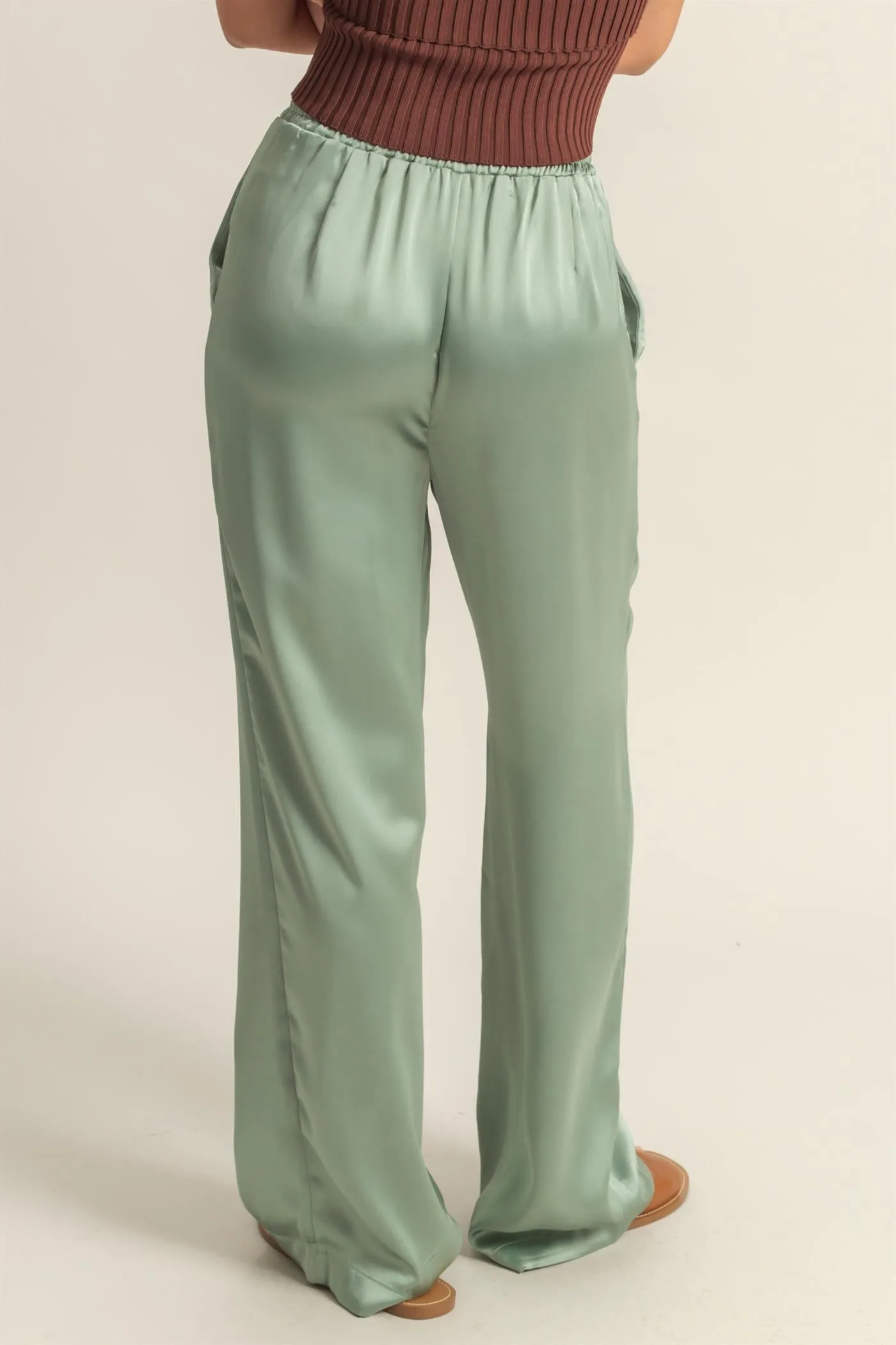 DZ24F332-Drawstring Waist Wide Leg Satin Pants